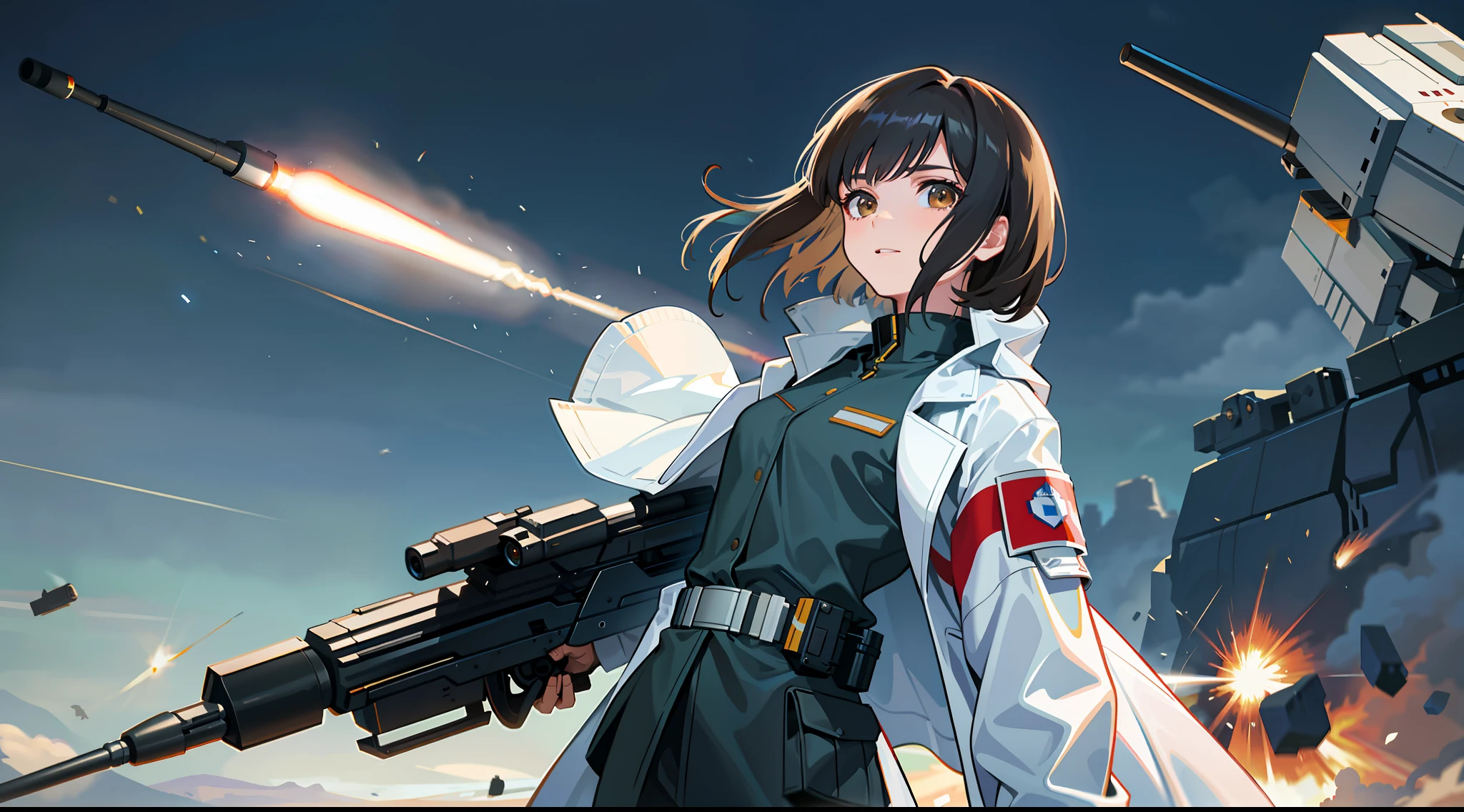 Science Fiction,Sci-Fi Movies,Artillery,Long-Range Missiles,Based on the Movie Foundation ,Woman,Adult,Protagonist,28 years old,hopeful face,brown eyes,short hairstyle,black hair with white gray,scientist uniform,white researcher coat,open meadow,rebel,chaotic,future world,world of socialism,snow,chaos