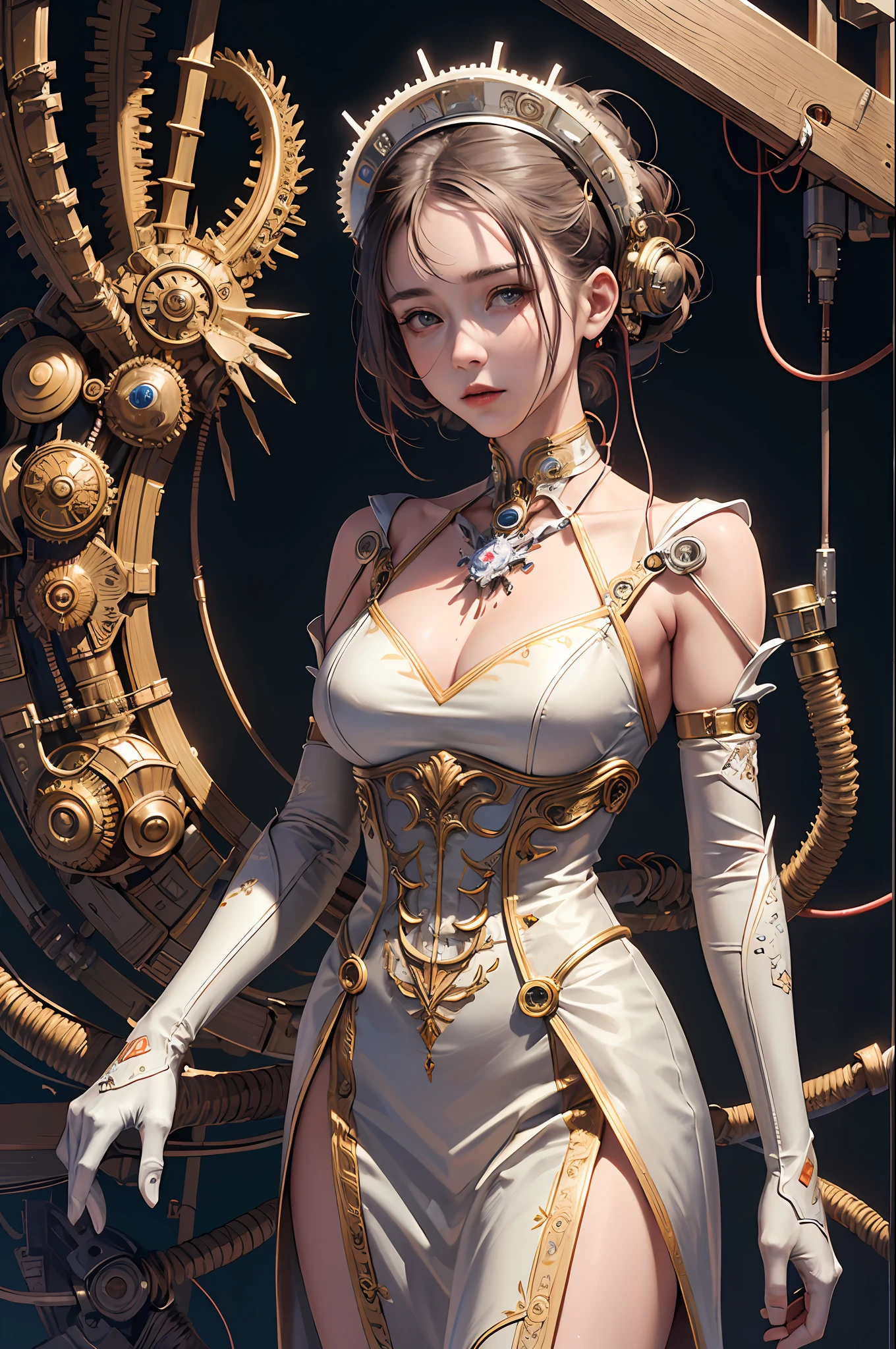 (((masterpiece))), (((best quality))), ((ultra-detailed)), (highly detailed CG illustration), ((an extremely delicate and beautiful)),cinematic light,((1mechanical girl)),solo,(cowboy shot:1.2),(machine made joints:1.2),((machanical limbs)),(blood vessels connected to tubes),(mechanical vertebra attaching to back),((mechanical cervial attaching to neck)),expressionless,(wires and cables attaching to neck:1.2),(wires and cables on head:1.2),(character focus),science fiction,extreme detailed,colorful,highest detailed, loongs,fengs,background,