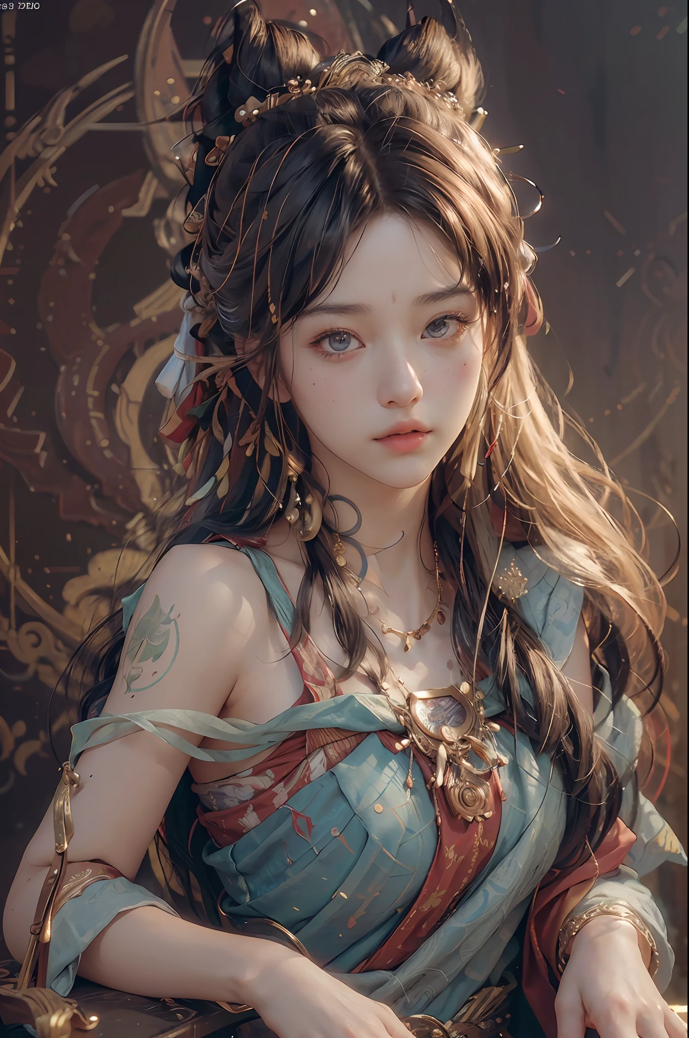 (RAW photo, best quality), (realistic, photo-realistic:1.3),best quality,highly detailed,masterpiece,ultra-detailed,illustration,1girl,upper_body,dynamic angle,world masterpiece theater,messy_long_hair,best quality,extremely detailed CG unity 8k wallpaper,ink,Amazing,cinematic lighting,lens_flare, dunhuang_style