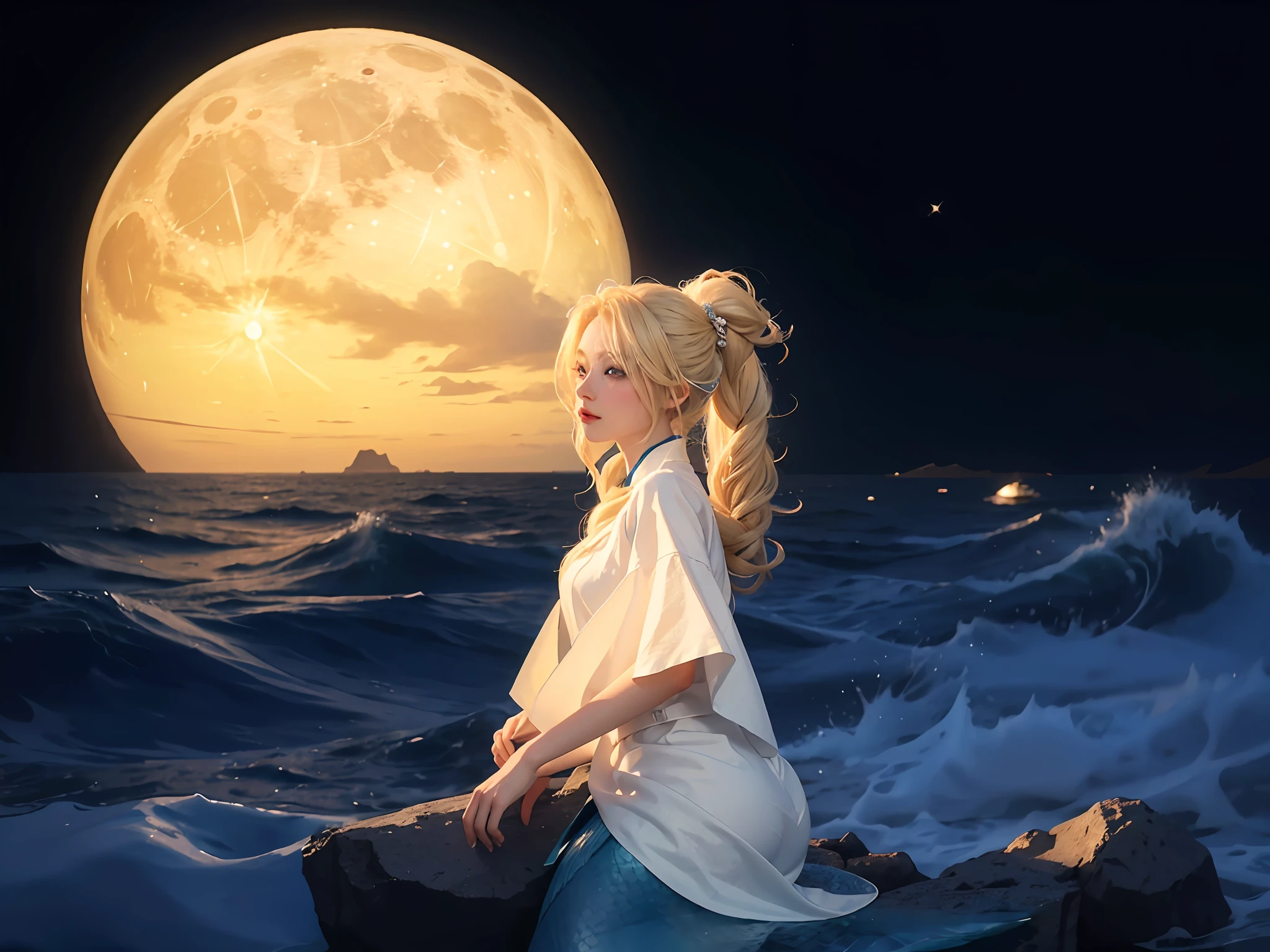 (RAW photos, best quality), (realistic, Photorealistic Photorealism: 1.3), Best Quality, Highly Detailed, Masterpiece, Ultra Detailed, Illustration, 1 Girl, Moon on the Horizon, Looking at the Viewer, (Skin Details), Sitting on a Rock in the Sea, (Night Sky: 0.7), (Ocean: 0.6), Darkness, Dim Light, Dynamic Angle, Long Blonde Hair, Blue Eyes, Mermaid, Fish Tail, White Dress, Best Quality, Extremely Detailed CG Uniform 8k Wallpaper, Ink, Amazing, Cinematic Lighting, lens_flare, dunhuang_style