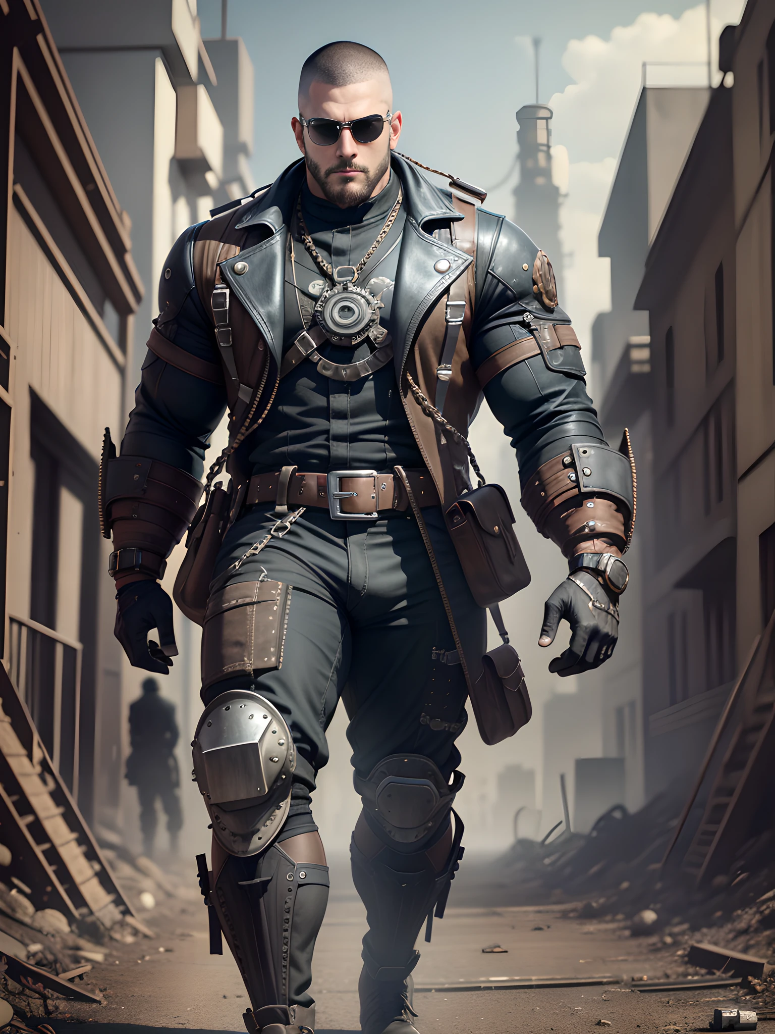 Male in the Heath, tall burly, dark black tights, big muscles, big bumps, Buzz cut, black sunglasses, black military boots, buzz cut, steampunk style, steampunk art, complex mechanical devices such as gears, pipes, valves, (huge industrial building: 1.4), gray theme, retro futurism, crazy details, (Fujiflim XT3), 20 megapixels, detailed, cinematic particles,