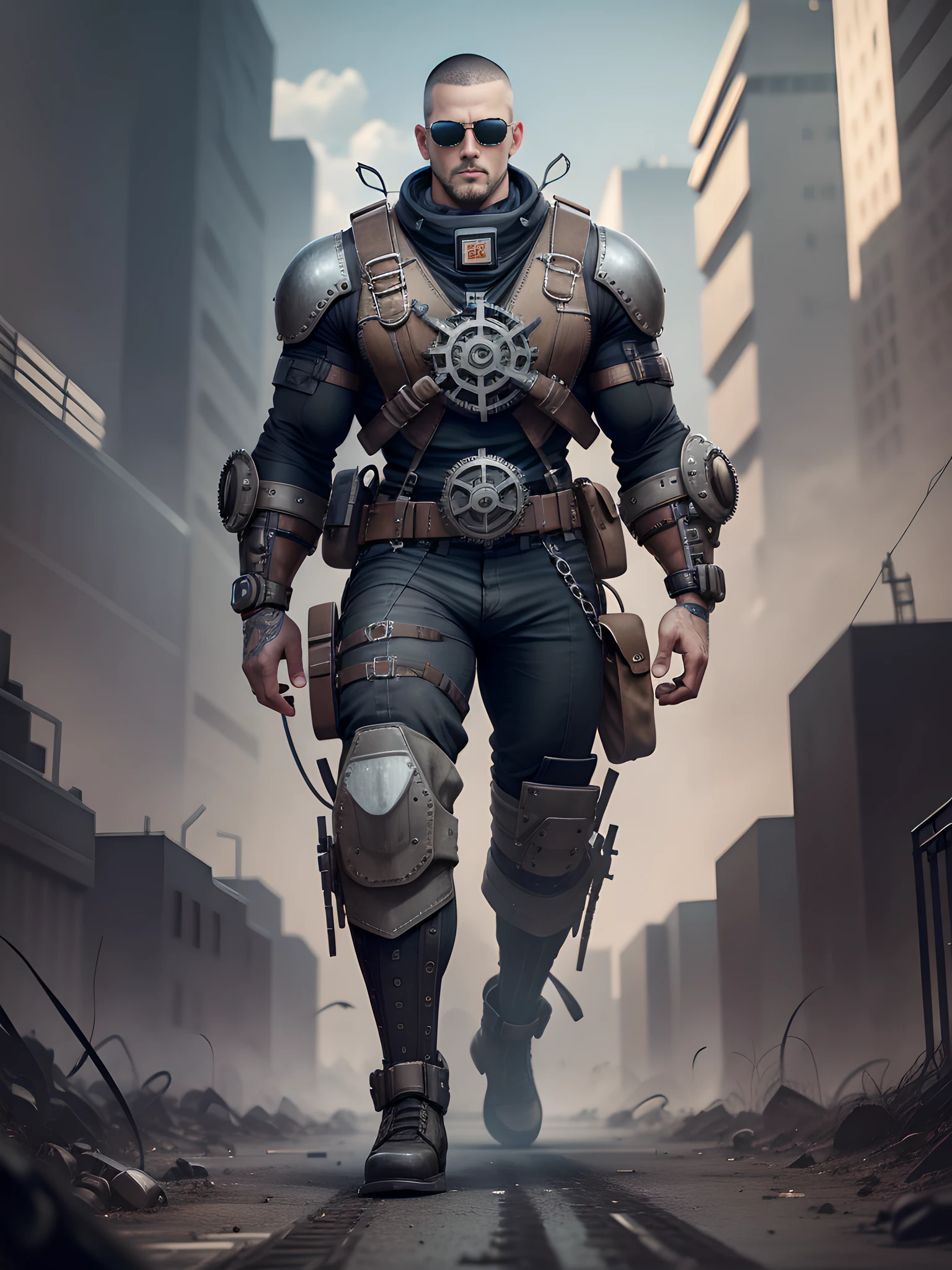 Male in the Heath, tall burly, dark black tights, big muscles, big bumps, Buzz cut, black sunglasses, black military boots, buzz cut, steampunk style, steampunk art, complex mechanical devices such as gears, pipes, valves, (huge industrial building: 1.4), gray theme, retro futurism, crazy details, (Fujiflim XT3), 20 megapixels, detailed, cinematic particles,