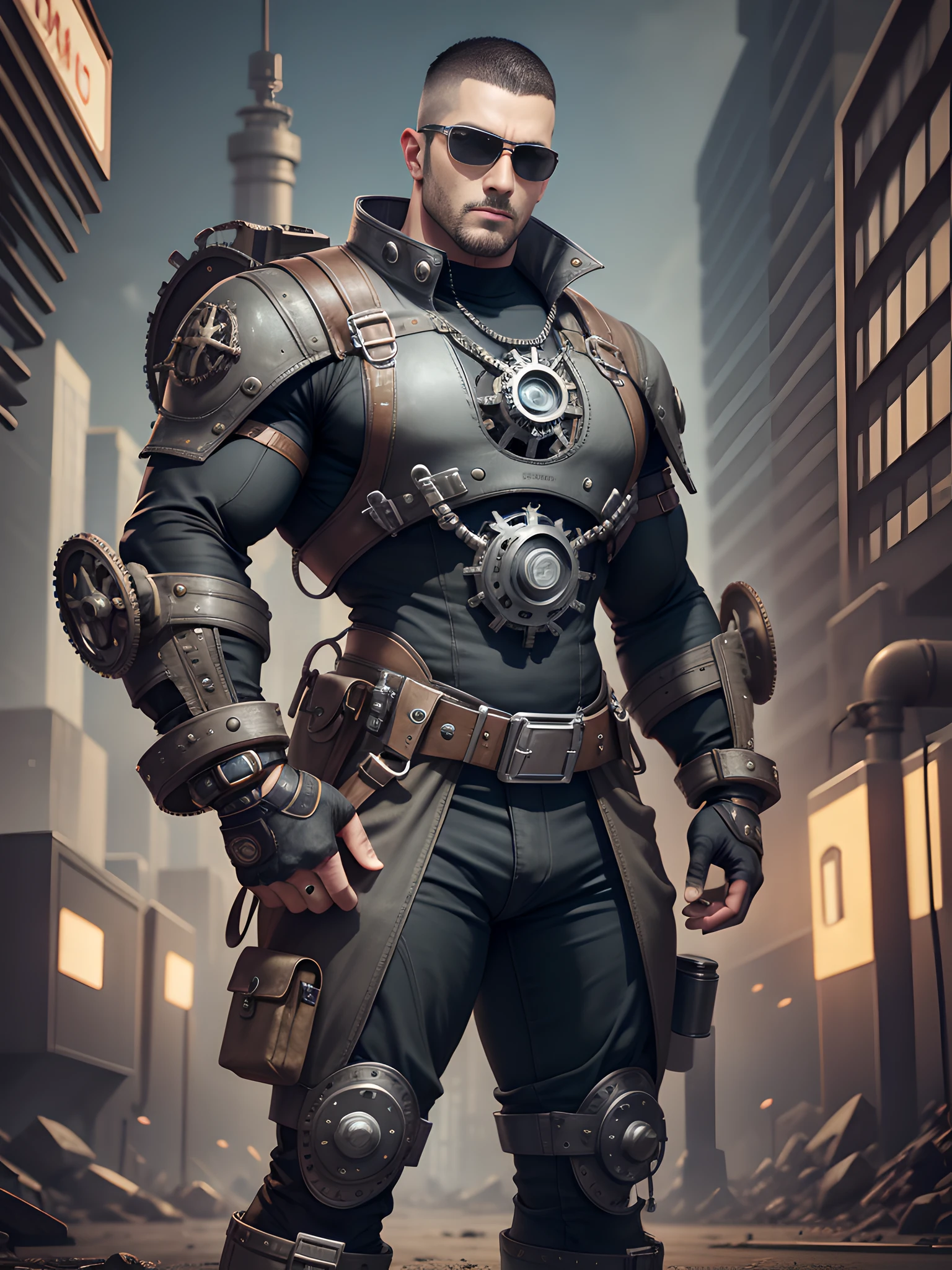 Male in the Heath, tall burly, dark black tights, big muscles, big bumps, Buzz cut, black sunglasses, black military boots, buzz cut, steampunk style, steampunk art, complex mechanical devices such as gears, pipes, valves, (huge industrial building: 1.4), gray theme, retro futurism, crazy details, (Fujiflim XT3), 20 megapixels, detailed, cinematic particles,