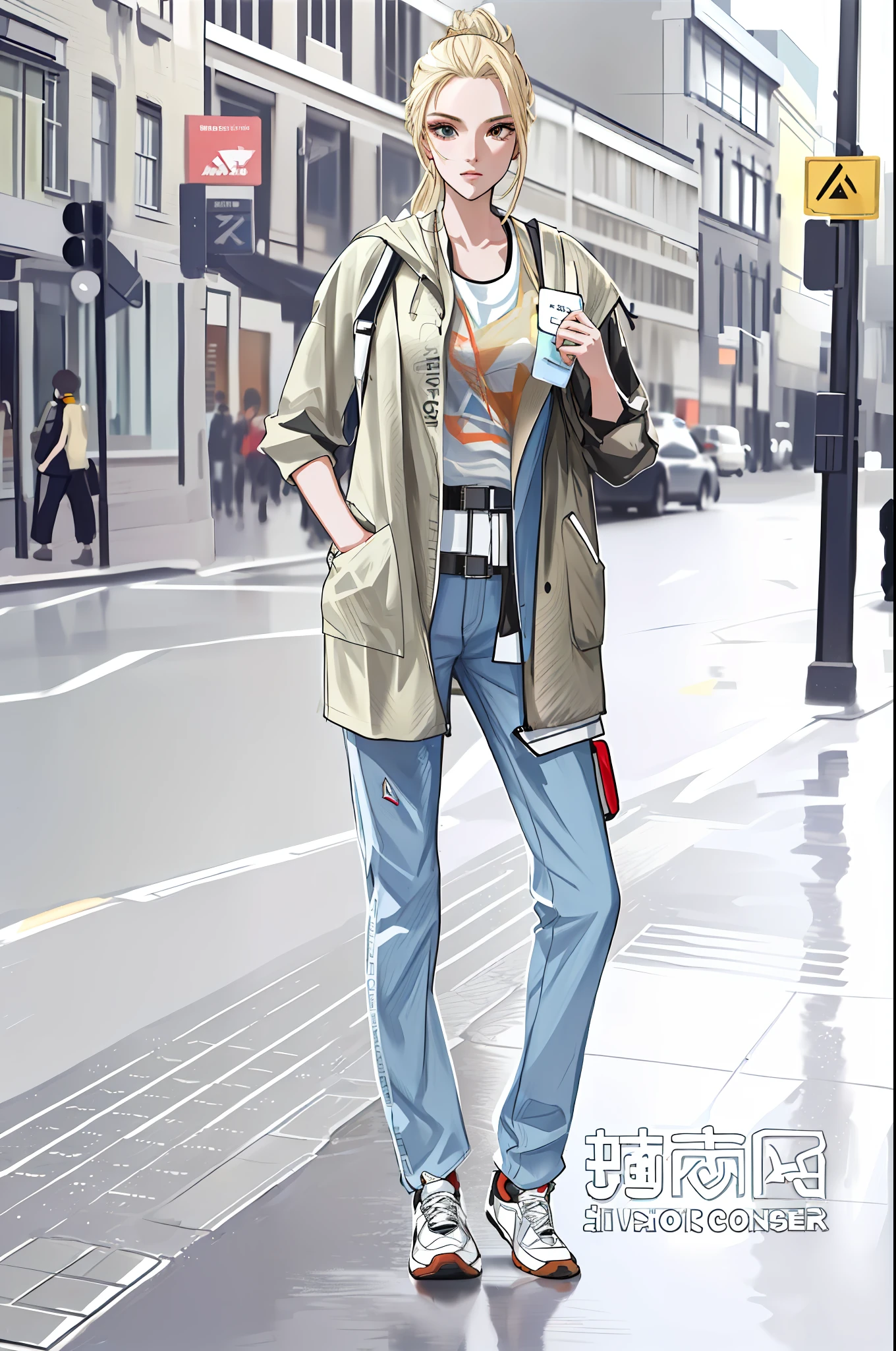 girl, vertical painting, natural light, global light, front view, fashion, pattern, clothing, headset, zipper, buttons, pattern, logo, pleats, belt, sophisticated, generate more details, tan hair, tank top, t-shirt, black shorts, sneakers, black backpack, modern, anime style, anime, modern, futuristic, first-person perspective, panorama, concept art, uhd, masterpiece, ccurate, textured skin, super detail, high detail, high quality, best quality, high resolution, No background, white background