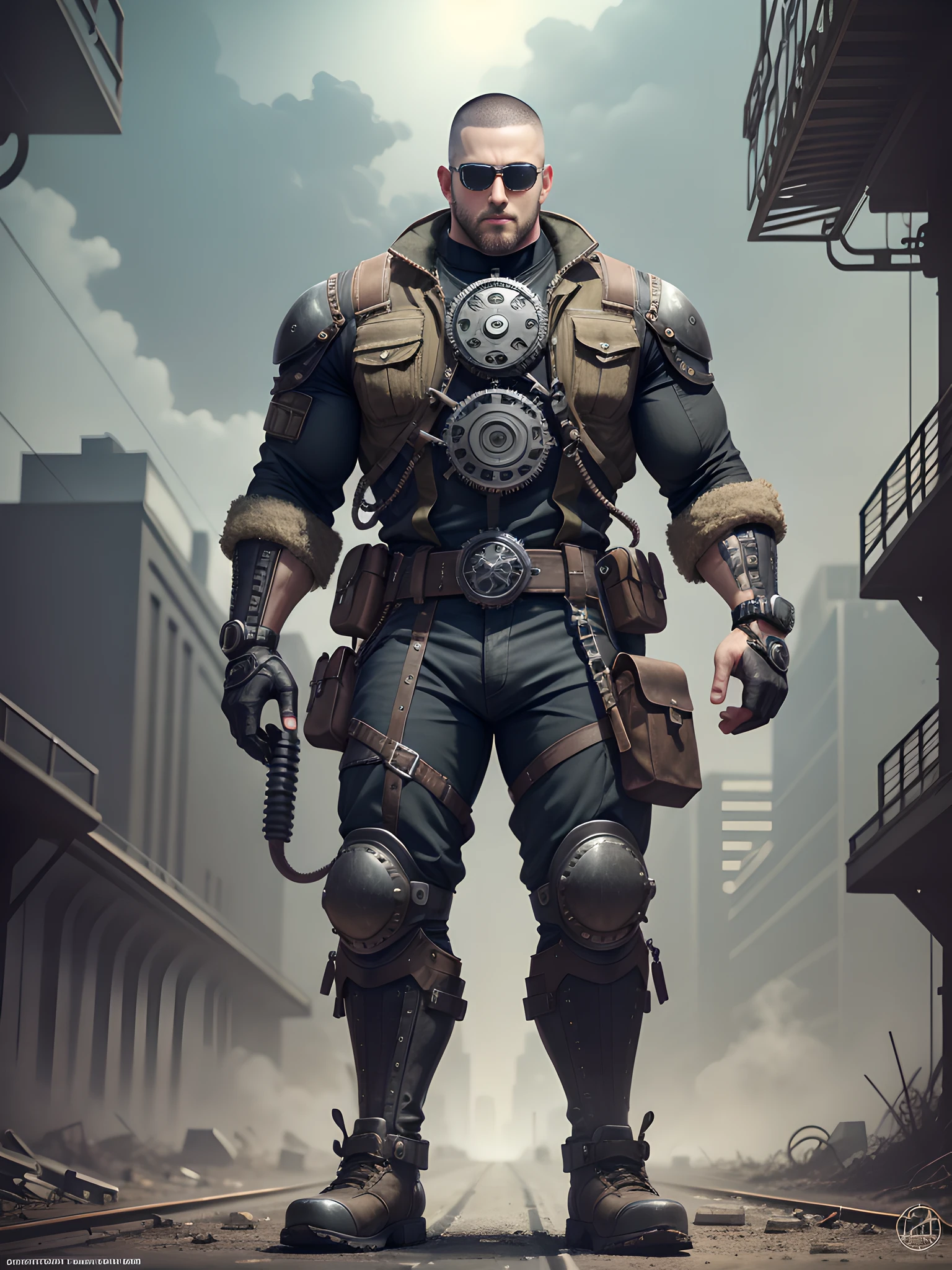 Male in the Heath, tall burly, dark black tights, big muscles, big bumps, Buzz cut, black sunglasses, black military boots, buzz cut, steampunk style, steampunk art, complex mechanical devices such as gears, pipes, valves, (huge industrial building: 1.4), gray theme, retro futurism, crazy details, (Fujiflim XT3), 20 megapixels, detailed, cinematic particles,