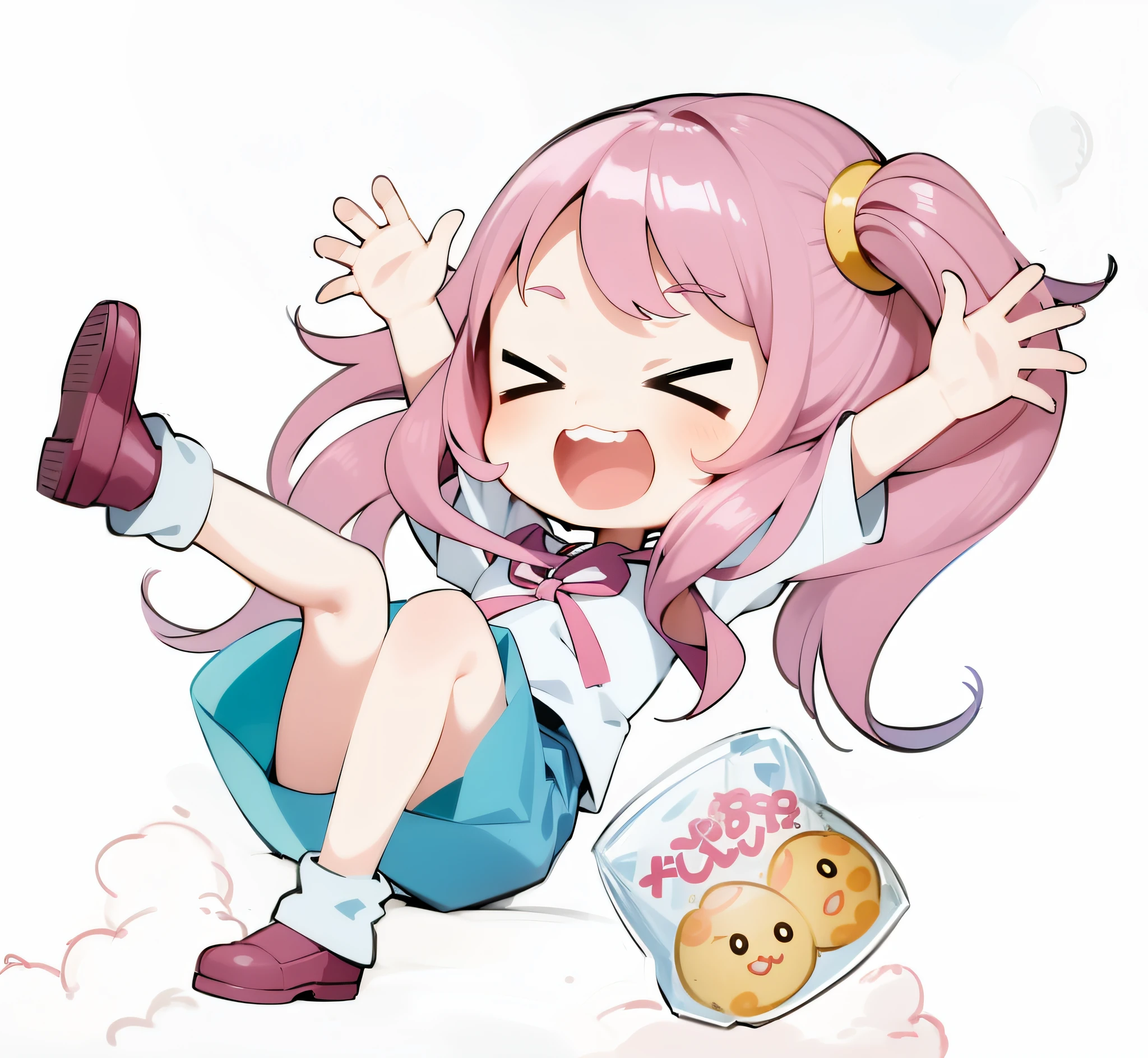 anime girl with pink hair and blue skirt sitting on the ground, the anime girl is crouching, shirabii, anime moe artstyle, anime girl named lucy, anime food, kawaii playful pose of a dancer, (anime girl), cute anime girl, loli, young anime girl, chibi anime girl, humanoid pink female squid girl, marin kitagawa fanart