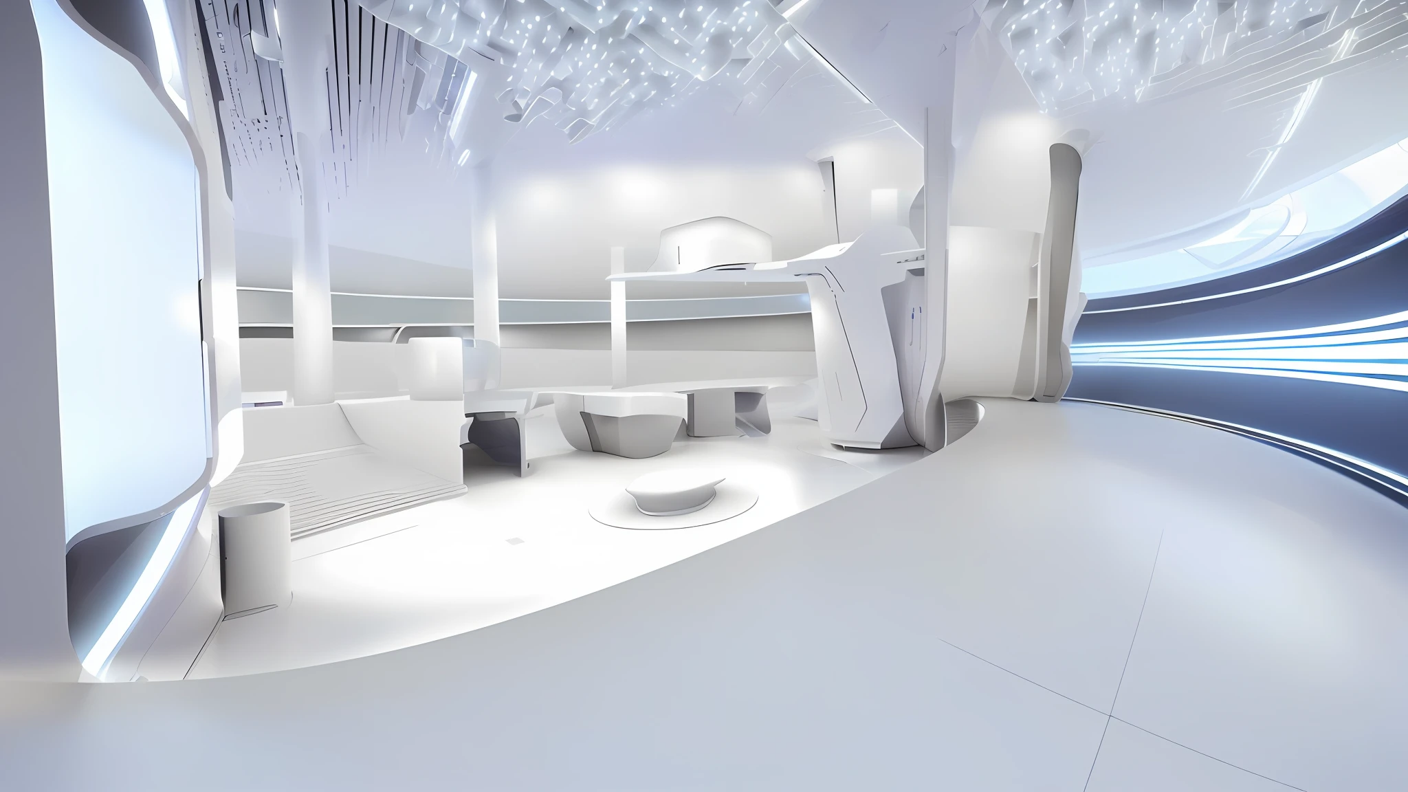Building interior space, ((white)), (super wide angle), futuristic architecture with futuristic design and futuristic interior, futuristic spaceport, futuristic hall, futuristic government service hall, futuristic architectural concept, futuristic setting, futuristic decoration, futuristic utopian architecture, futuristic architectural art, futuristic production facilities, radical view, acsonometric view aspects, close-up, texture, (((Complex electronic component surface texture))), detail texture, HDR+, 8K, QHD, luminescence, dynamic lighting, Beautyfull refraction, ((high-key lighting, bright light)), in terms of design, the main color of this project is ceramic white, with dark and white lighting, the overall atmosphere is bright, with both ceramic warmth and modern technology, redshift renderer rendering, cinematic lighting effects