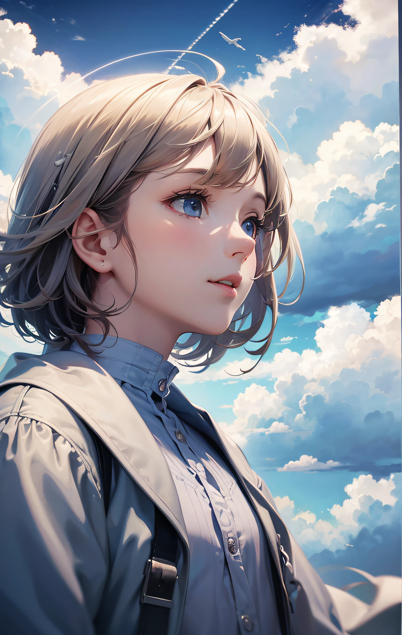 masterpiece, best quality, movie still, 1girl, floating in the sky, cloud girl, cloud, (close-up:1.1), bright, happy, fun, soft lighting, (Bauhaus, shapes, lines, abstract:1.1) --auto --s2
