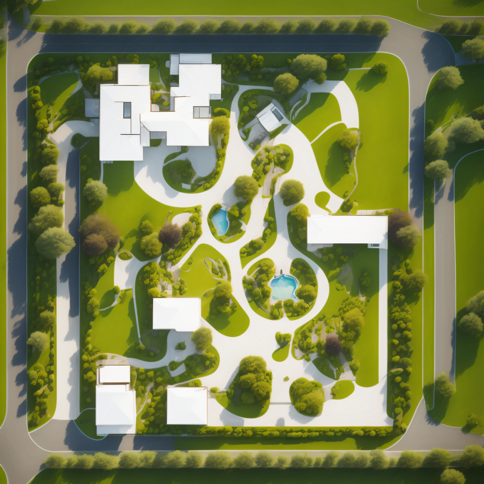 (masterpiece),(high quality), best quality, super detailed, (full detail),(4k),8k,tree, no humans, door, water, house,building,grass, simple background, window, from above, park, nature, tree, landscape, plants, nature, white background, tree, house, grass, buildings, curved road, relief. Terrain, gallery, runway, regularity