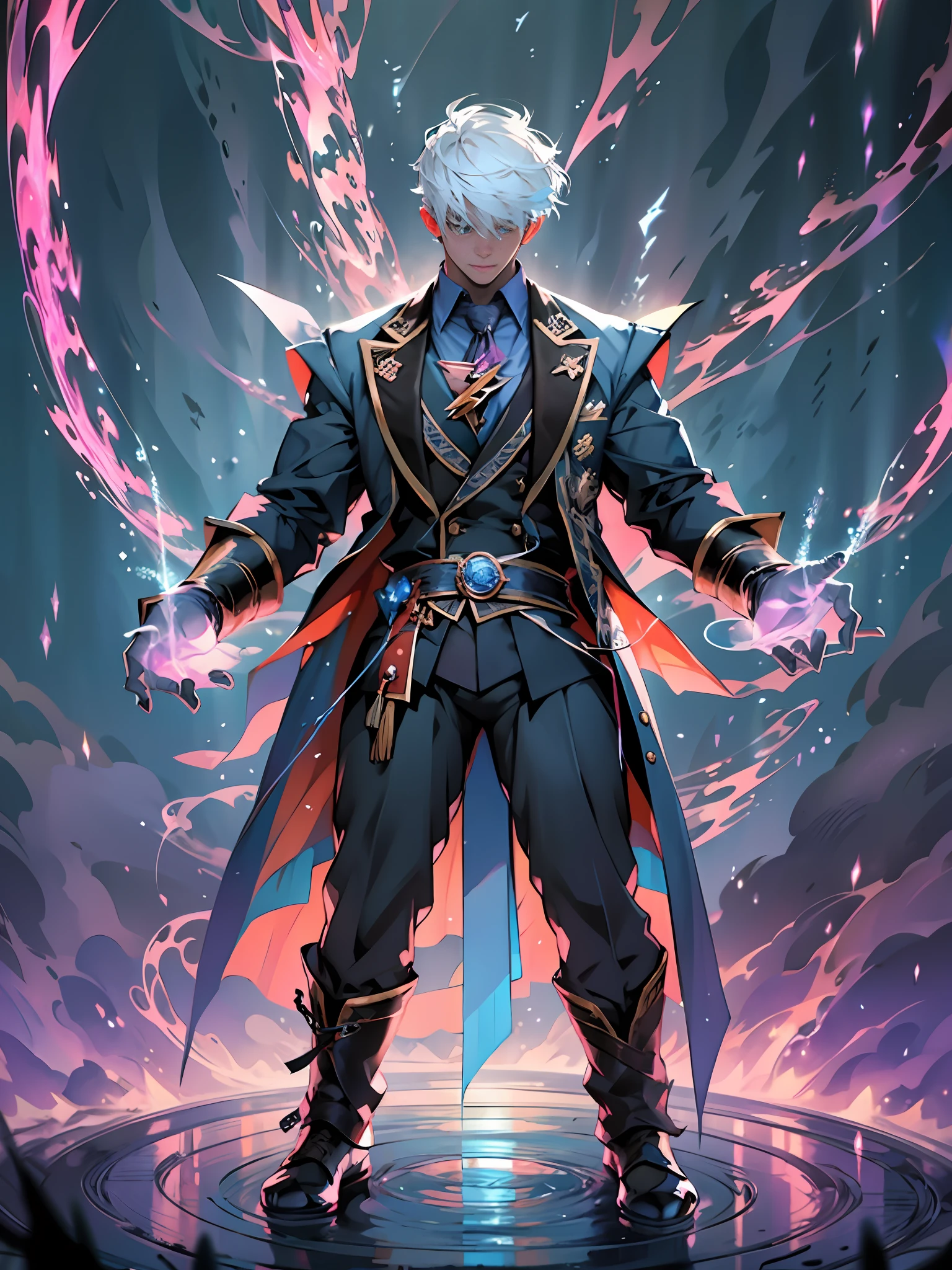 Absurd, high quality, 8k, super detail, 1 man, full body, magician, magic array, lightning magic, overhead view, detailed scene depiction, scene with story, global illumination, cinematic lighting, transparent light, large depth of field, lens depth blur, rich colors, exaggerated shape, perfect eyes, perfect facial features, under the magician's feet is a huge magic array, lightning energy gathers in the magician's hands