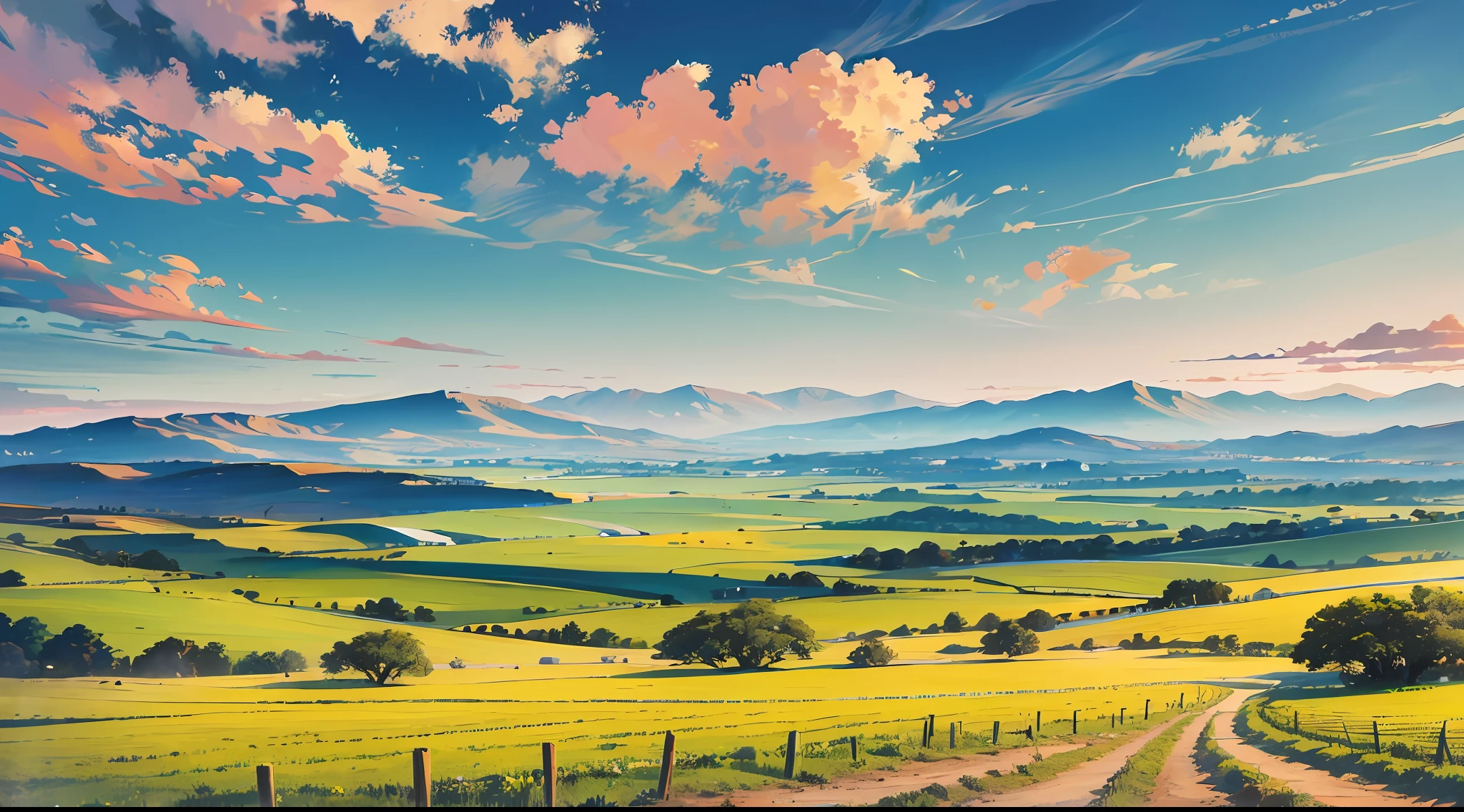 beautiful horizontal orientation landscape of the land of canaan, extensions of land with a lot of green grass, some vineyards and mountains, you can see some camels on the horizon, Disney style, 8k, extremely detailed, bright colors --auto --s2
