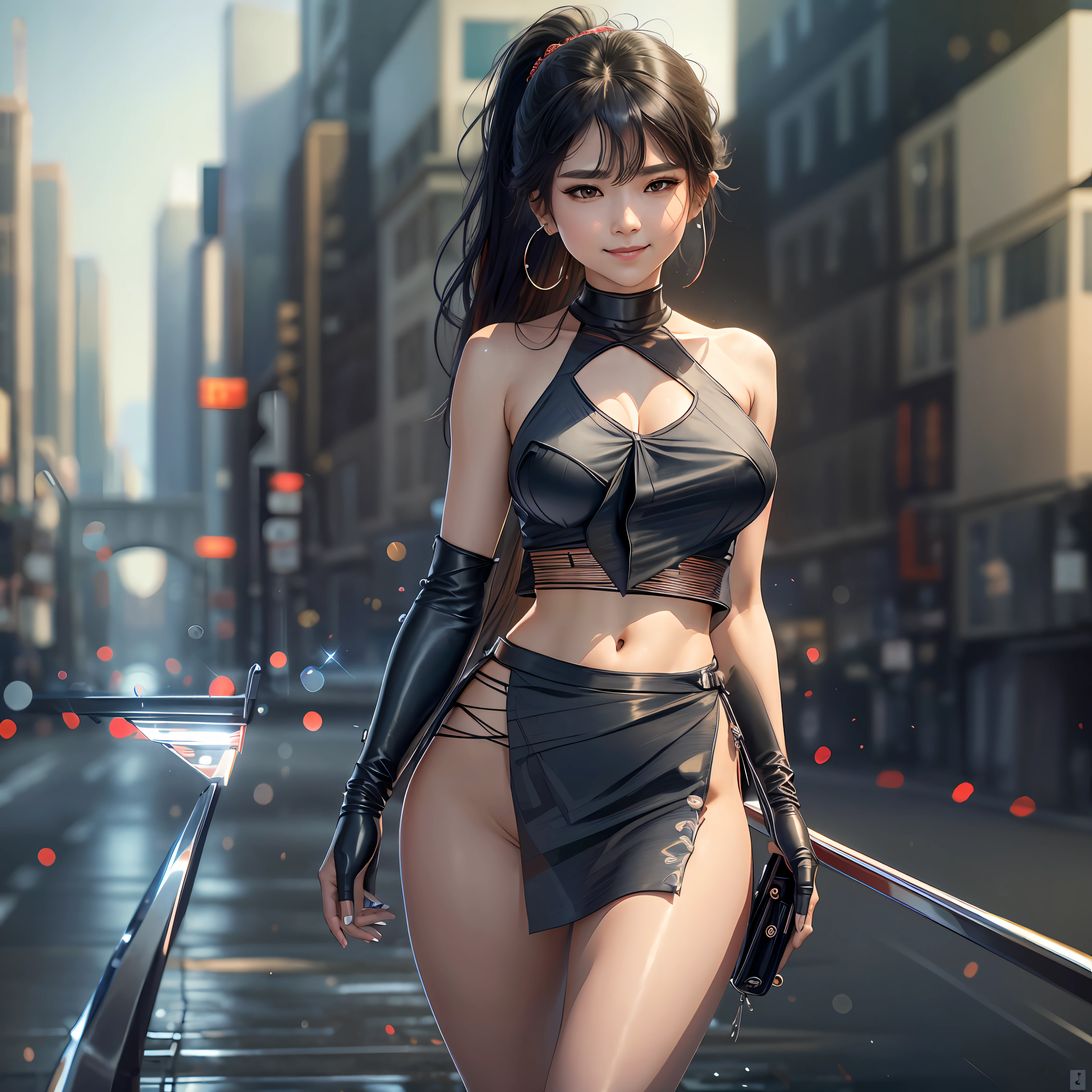 masterpiece, best quality, highres, (photorealistic:1.4), earrings, (depth of field:1.8), beautiful Korean girl, thigh gap, 1 girl, long hair, ponytail, (solo:1.1), red, (slit skirt curtain:1.5),(halter neck t-shirt), shinobi, ninja, bare shoulder, elbow gloves,  (looking at viewer:1.2), (smile:1.2), (full body:1.), (in the city:1.5), medium breast,  (pureerosface_v1:0.5), --auto --s2