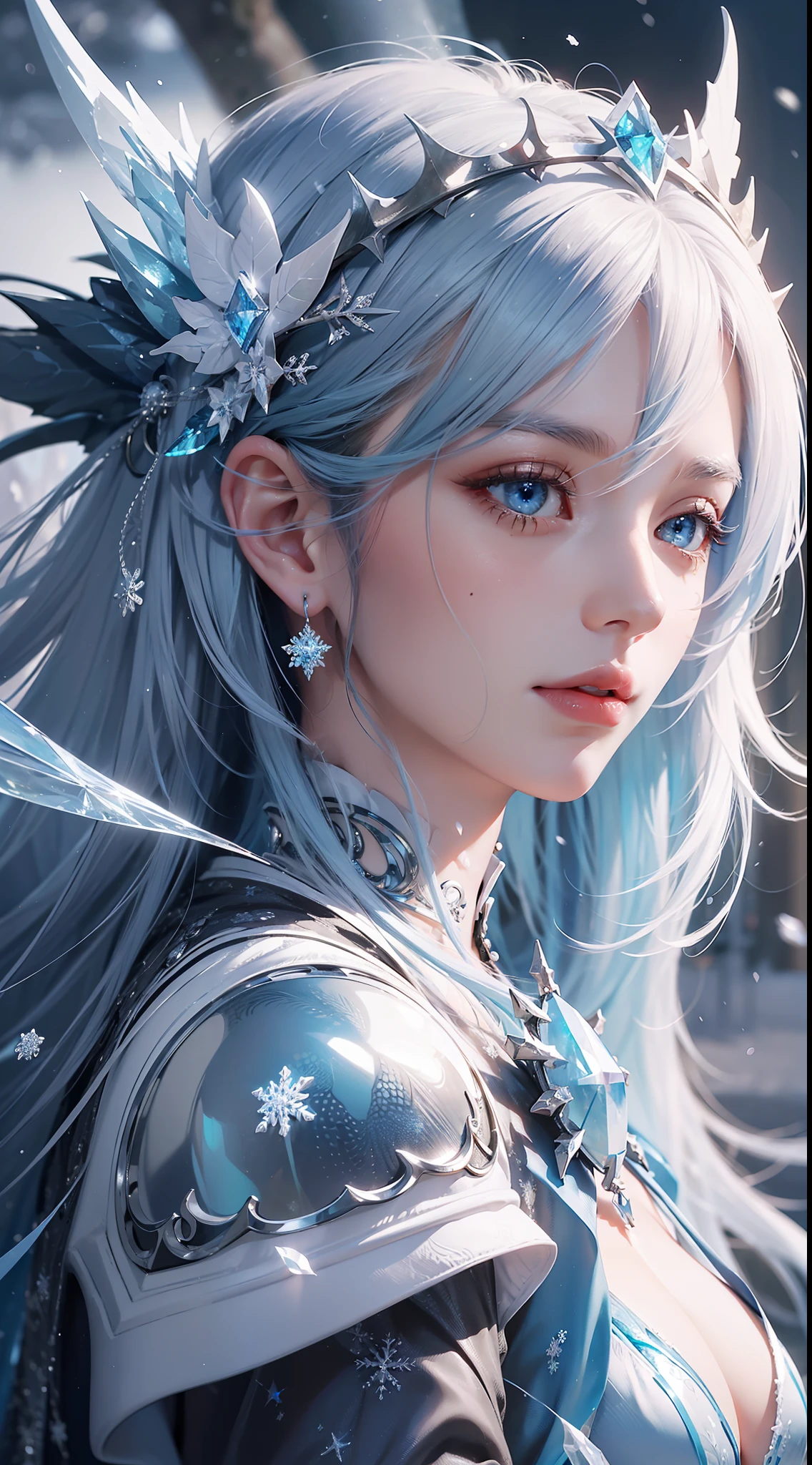Girl, glint eyes, smile, long hair, hair accessories, spring, exquisitely carved features, stunning appearance, master works, masterpieces, red (of the best quality), ((masterpiece)), ((super detail)), extremely detailed CG, (illustration), ((Detail light), (an extremely delicate and beautiful), 1 girl, solo, ((lovely face)), blank expression, (beautiful detail eyes), blue longan, (Vertical pupil: 1.2), white hair, glossy hair, colorful inner hair, dragon wing: 1.4, dragon scale armour, blue wings, blue hair accessories, ice hair, dragon horn, ice crystal, (snowflake), back with blue dragon, delicate and beautiful dragon girl, crystal texture skin, crazy details, delicate facial portrayal, halo, winter snow scene, ice crystal, depth of field, conservative