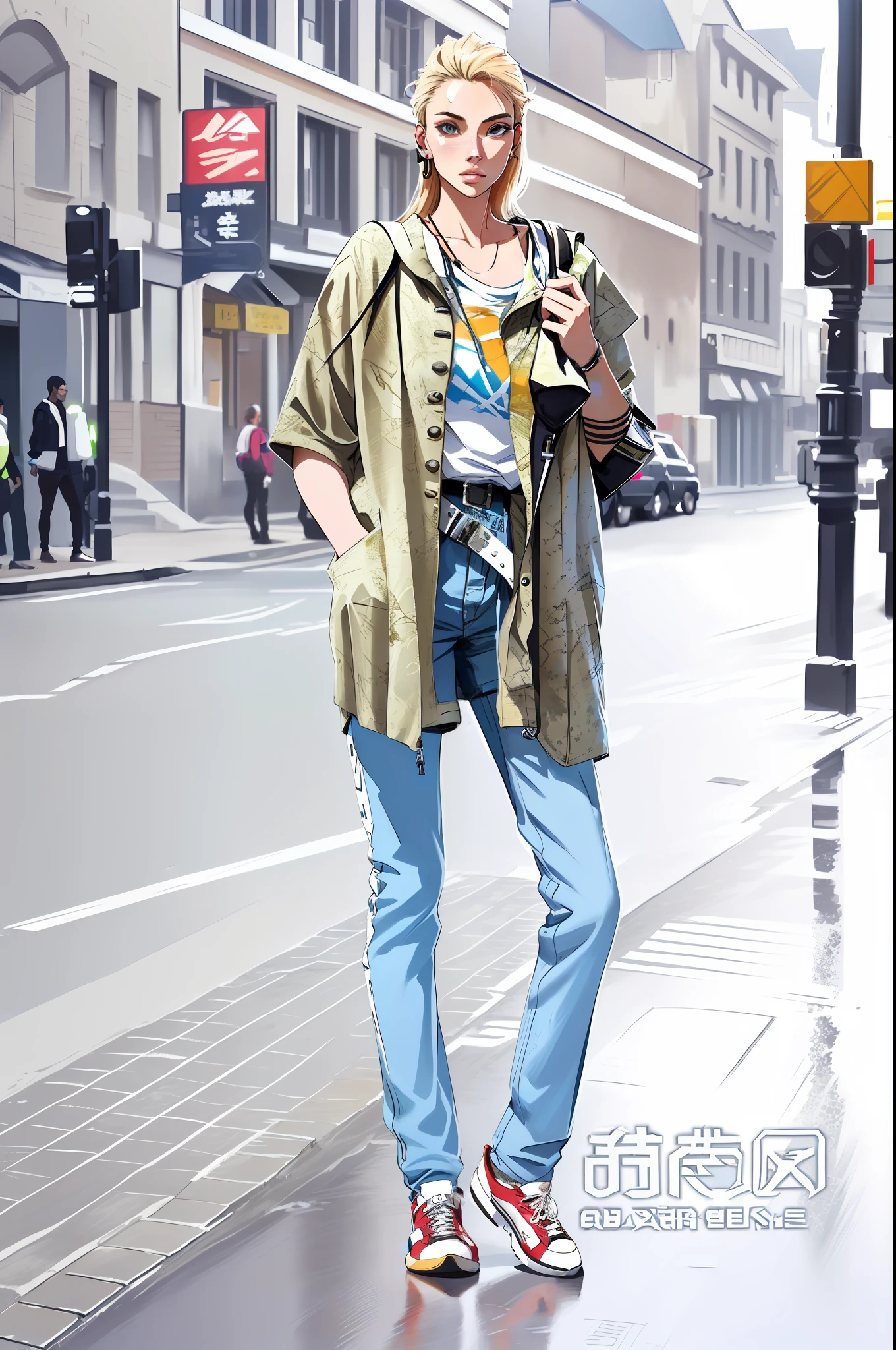 girl, vertical painting, natural light, global light, front view, fashion, pattern, clothing, headset, zipper, buttons, pattern, logo, pleats, belt, sophisticated, generate more details, tan hair, tank top, t-shirt, black shorts, sneakers, black backpack, modern, anime style, anime, modern, futuristic, first-person perspective, panorama, concept art, uhd, masterpiece, ccurate, textured skin, super detail, high detail, high quality, best quality, high resolution, No background, white background