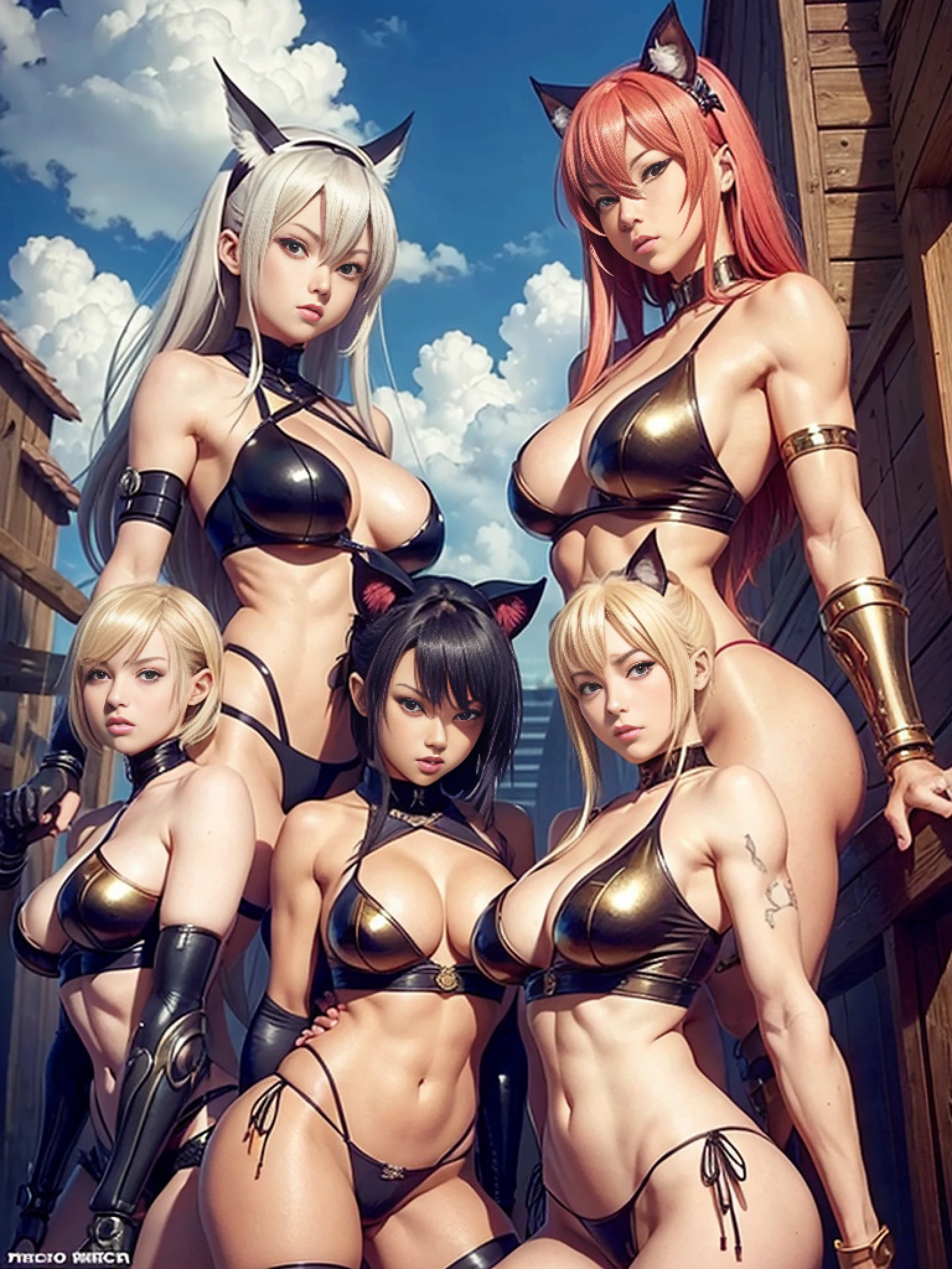 Cartoon photo of a group of women in panties, SFW version, muscular! fantasy, anime cover,, doujin, ecchi, ikki tousen, anime maid riding early tank, lewd, ecchi anime style, biomechanical, gold band around breasts, ecchi style, manga cover