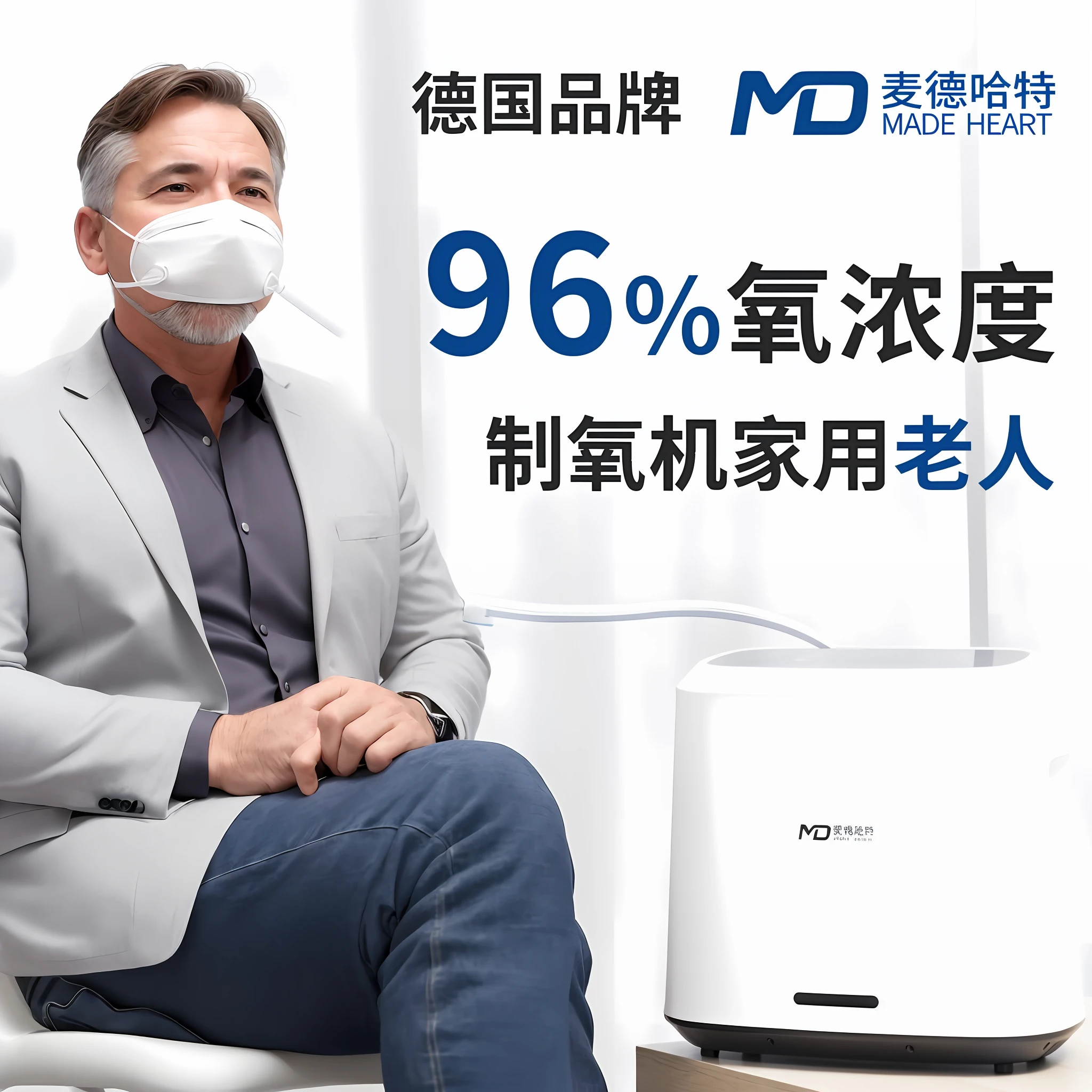 A handsome middle-aged man sits on a white chair with a white nasal oxygen tube on his nose to breathe oxygen, and his face is an expression of enjoyment. --auto --s2