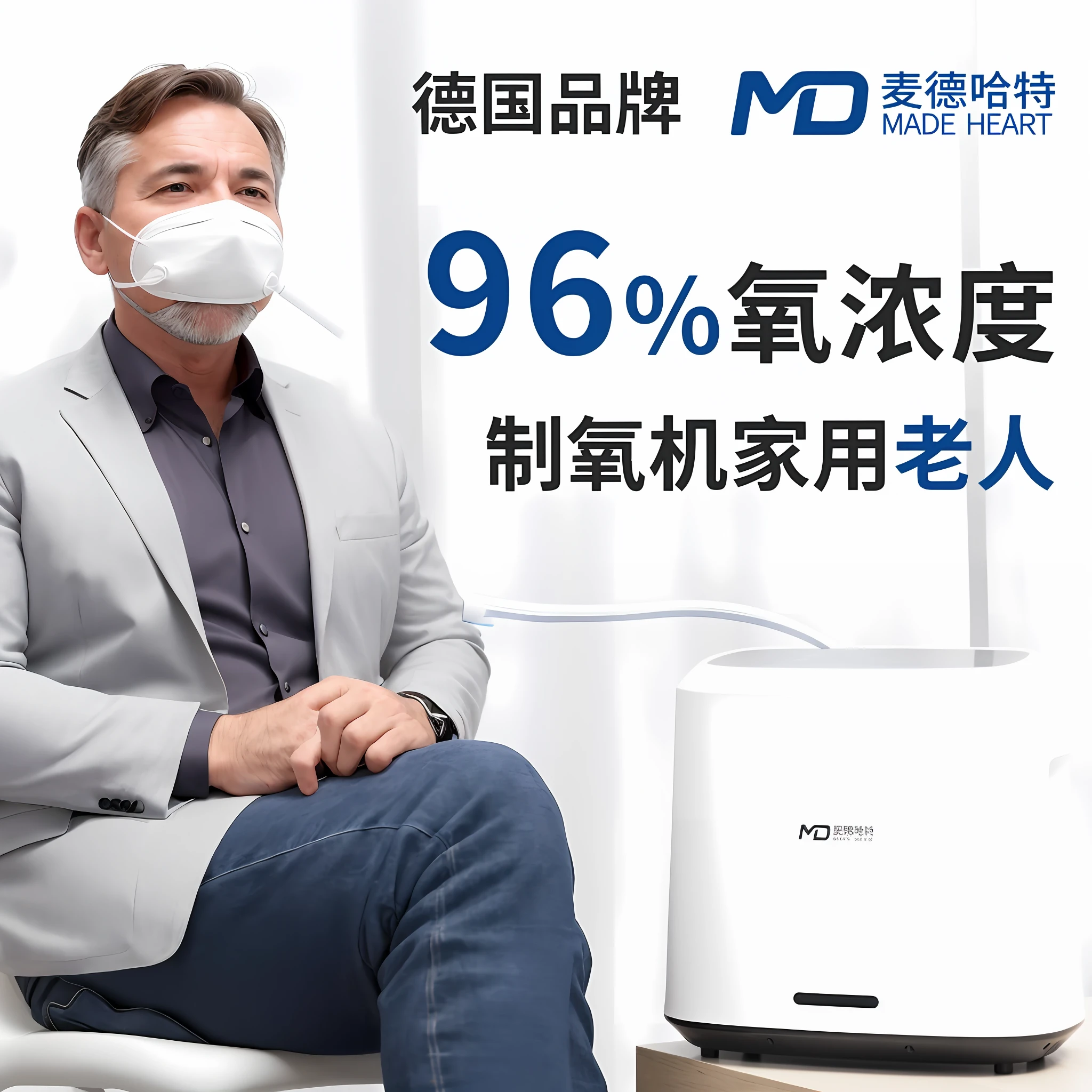 A handsome middle-aged man sits on a white chair with a white nasal oxygen tube on his nose to breathe oxygen, and his face is an expression of enjoyment. --auto --s2