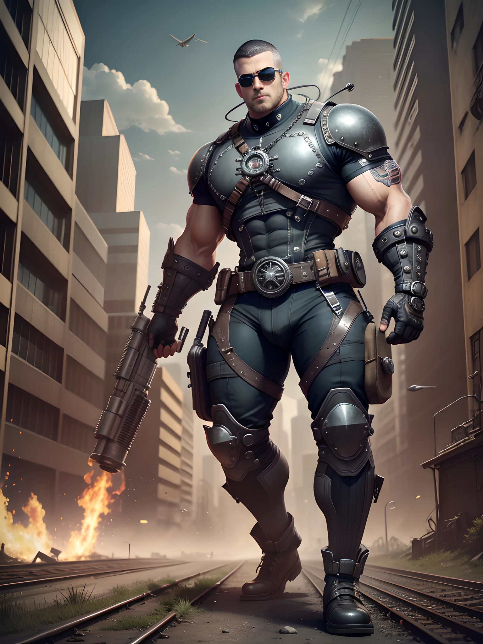 Male in the Heath, tall burly, dark black tights, big muscles, big bumps, Buzz cut, black sunglasses, black military boots, buzz cut, steampunk style, steampunk art, complex mechanical devices such as gears, pipes, valves, (huge industrial building: 1.4), gray theme, retro futurism, crazy details, (Fujiflim XT3), 20 megapixels, detailed, cinematic particles,