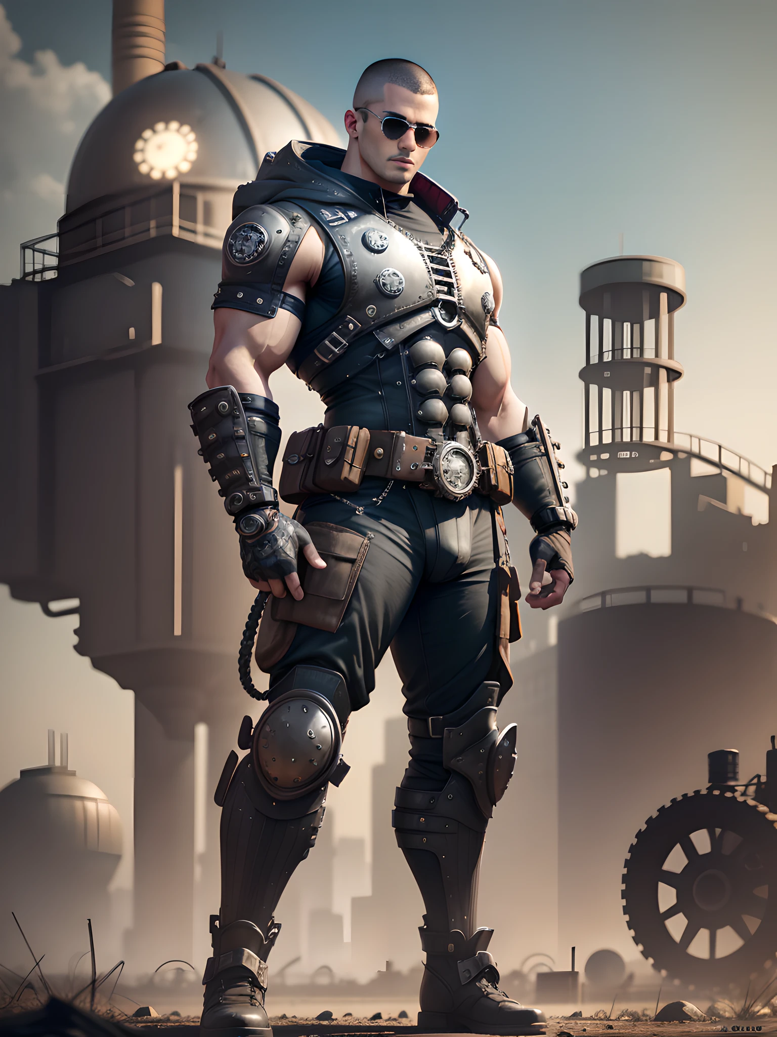 Male in the Heath, tall burly, dark black tights, big muscles, big bumps, Buzz cut, black sunglasses, black military boots, buzz cut, steampunk style, steampunk art, complex mechanical devices such as gears, pipes, valves, (huge industrial building: 1.4), gray theme, retro futurism, crazy details, (Fujiflim XT3), 20 megapixels, detailed, cinematic particles,