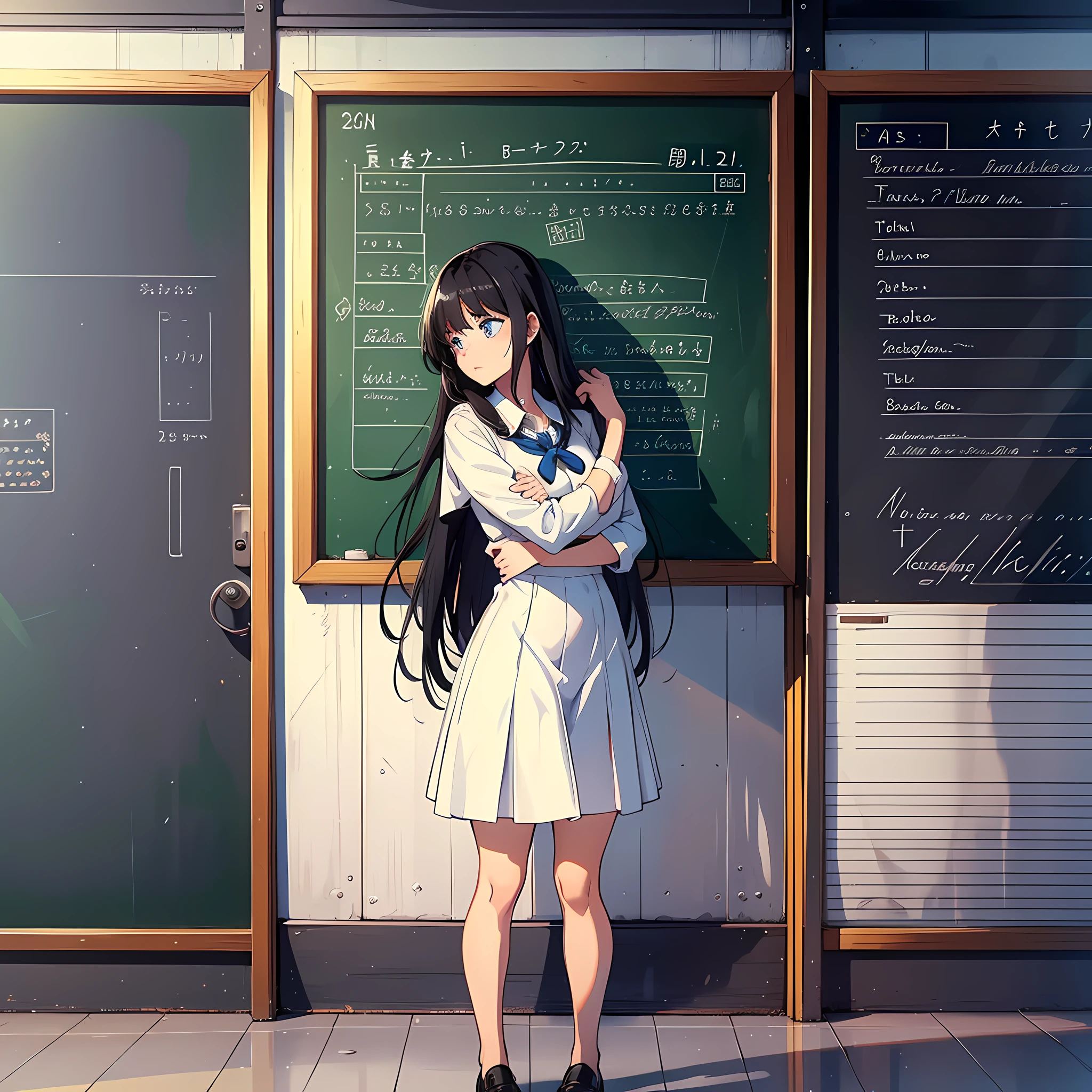 1 woman, pretty, white dress, black hair, blue pupils, writing on blackboard, full body: 1.2, classroom blackboard in background, surrealism