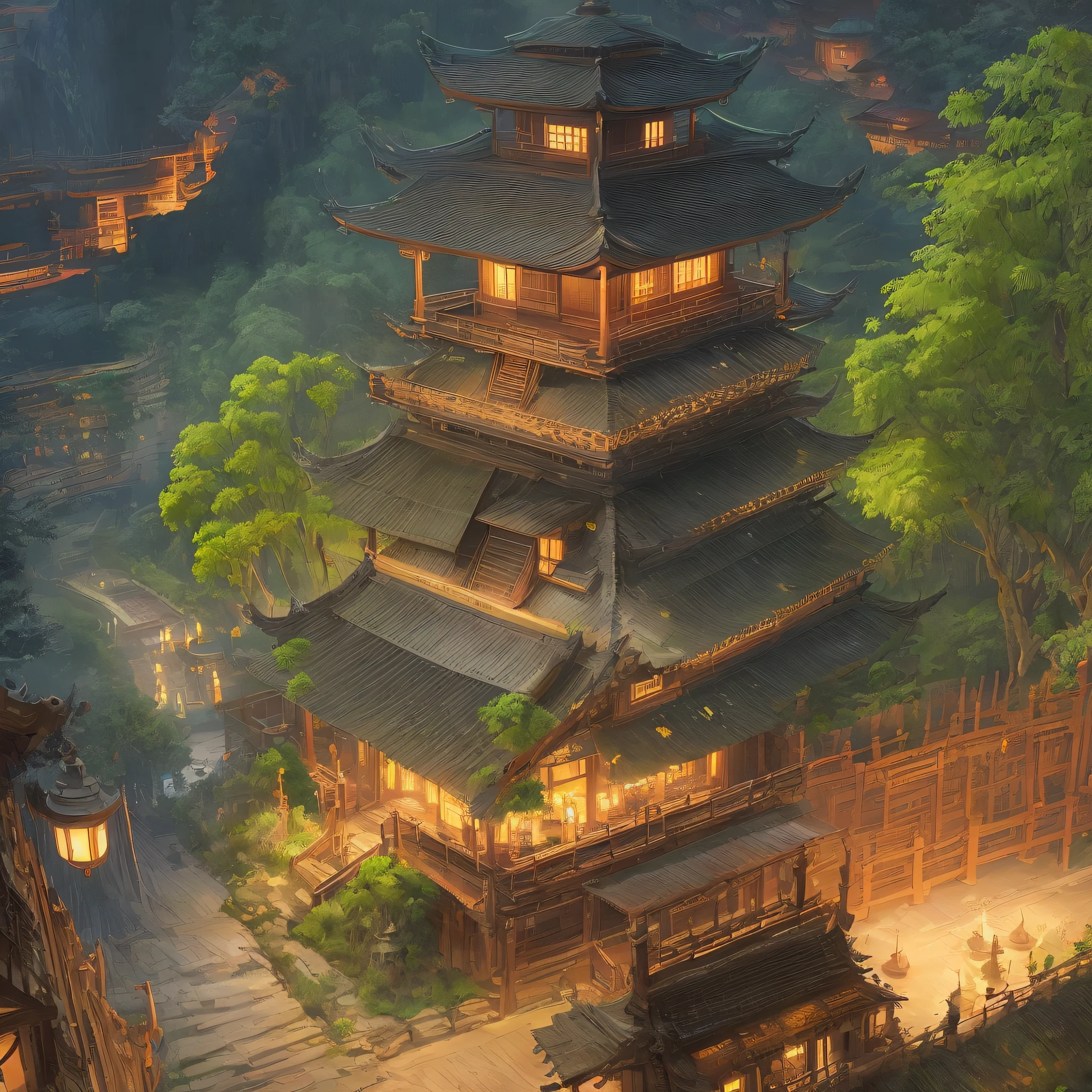 Bamboo Forest, Path, Temple, Pavilion, Tower, Bridge, River, Night, Moon, Lamp, Nobody, Best, Masterpiece, Illustration, Wallpaper, Absurd, Aerial View, Aerial View: 0.3