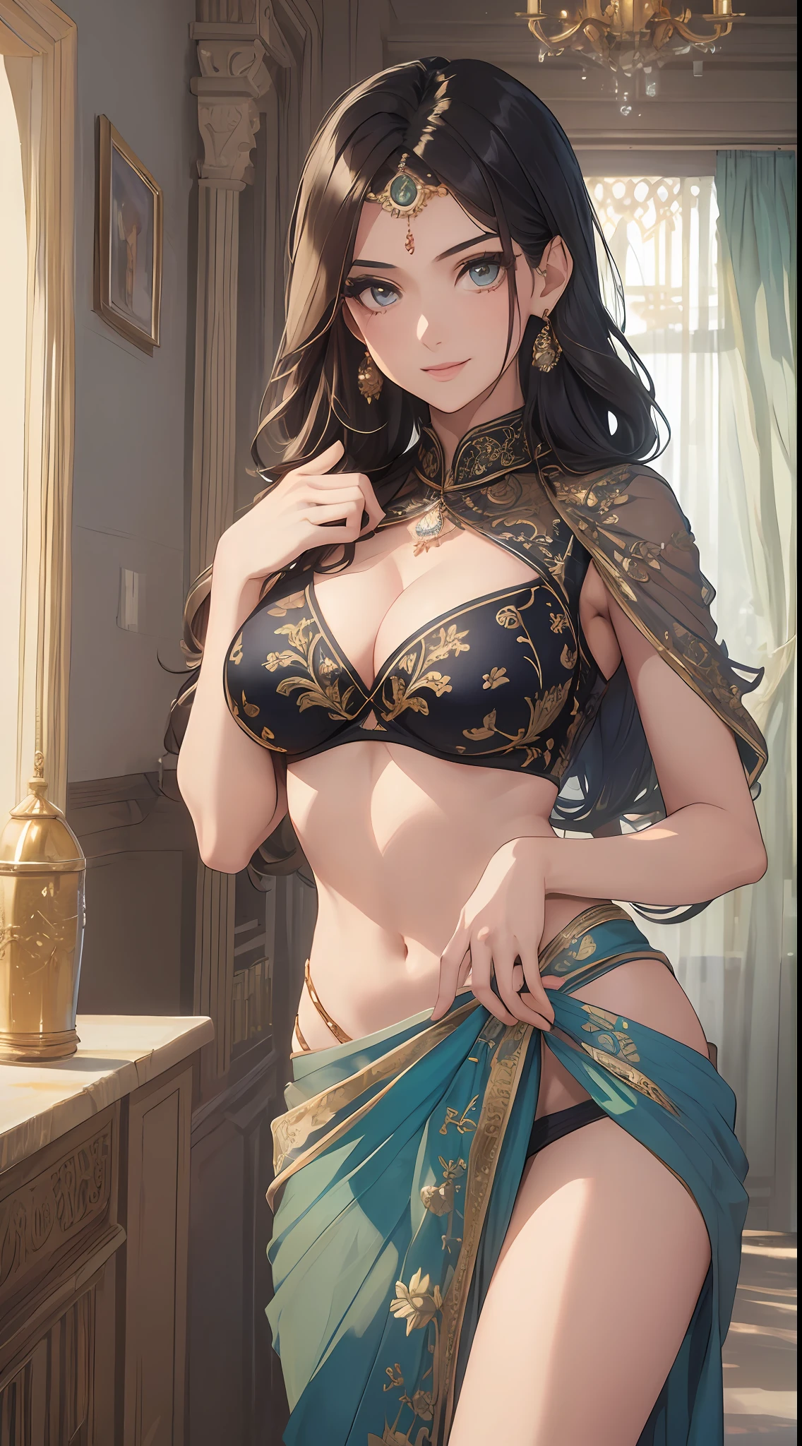 ((Best Quality, 8K, Masterpiece: 1.3)), 1girl, indian, slim fit Beauty: 1.3, (Hairstyle Casual, Big Breasts: 1.2), saree:1.2, Super Fine Face, Delicate Eyes, perfect eyes, detailed eyes, cute Smile, Home, perfect anatomy, correct hands, correct legs