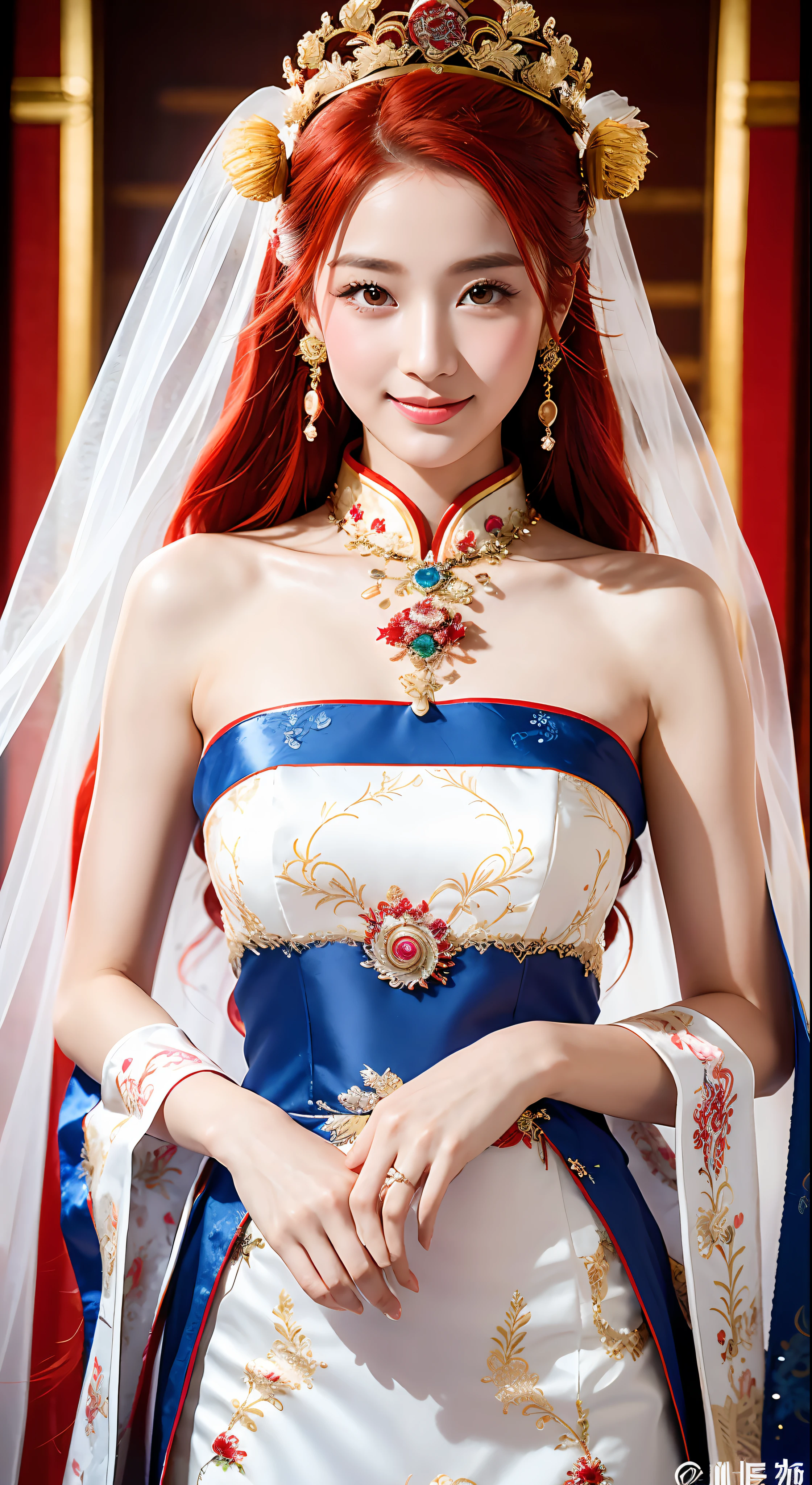 (8k, RAW Photos, Best Quality, Masterpiece: 1.2), (Realistic, Realistic: 1.37), 1 Girl, ((Red and Blue Hair: 1.5))), Woman in White Dress and Headdress, ((Wedding Scene Background: 1.5)), Gorgeous Role Play, Beautiful Costume, Chinese Dress, Complex Dress, Complex Costume, Traditional Beauty, Gorgeous Chinese Model, Chinese Costume, Wearing Gorgeous Costume, Wearing Elegant Chinese Xiuhe Dress, Chinese Wedding Dress, Phoenix Guanxia Veil, Antique bride, show dress, close-up, close-up, head wearing phoenix crown, smile, dragon and phoenix embroidery dress