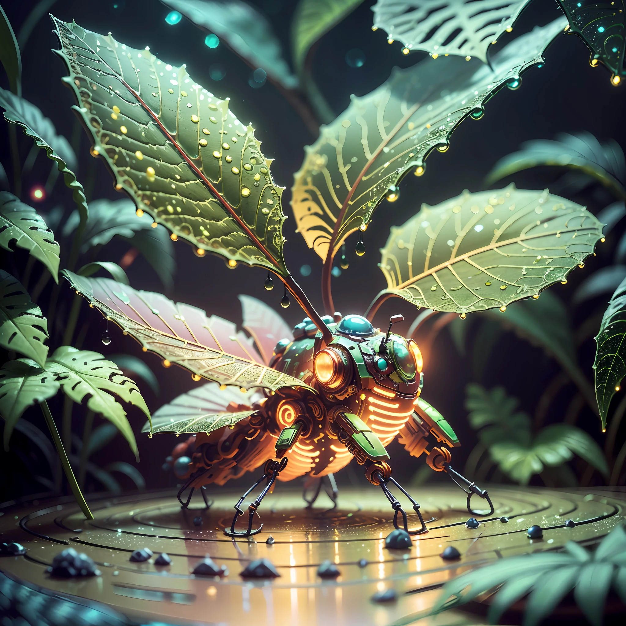 Weird core firefly robot in beautiful macro world, lush plant life, water droplets, environmental lighting effects, ray tracing reflections, high definition, volumetric lighting, complimentary colors --auto --s2