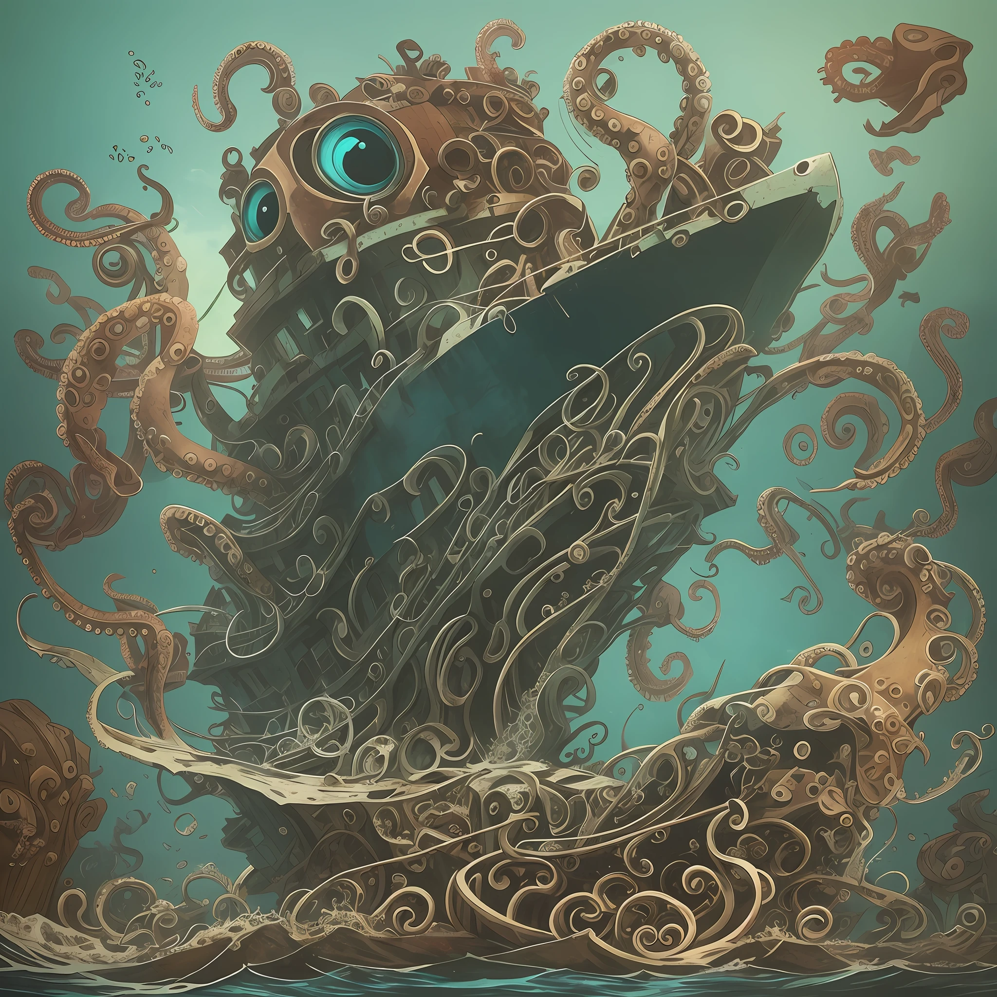 Deep under the sea, an octopus with its eyes closed disguises and wraps around a sinking, rusty ship. A shark next to it is observing The octopus's eyes are very fierce, and the sunken ship is full of treasure --auto --s2