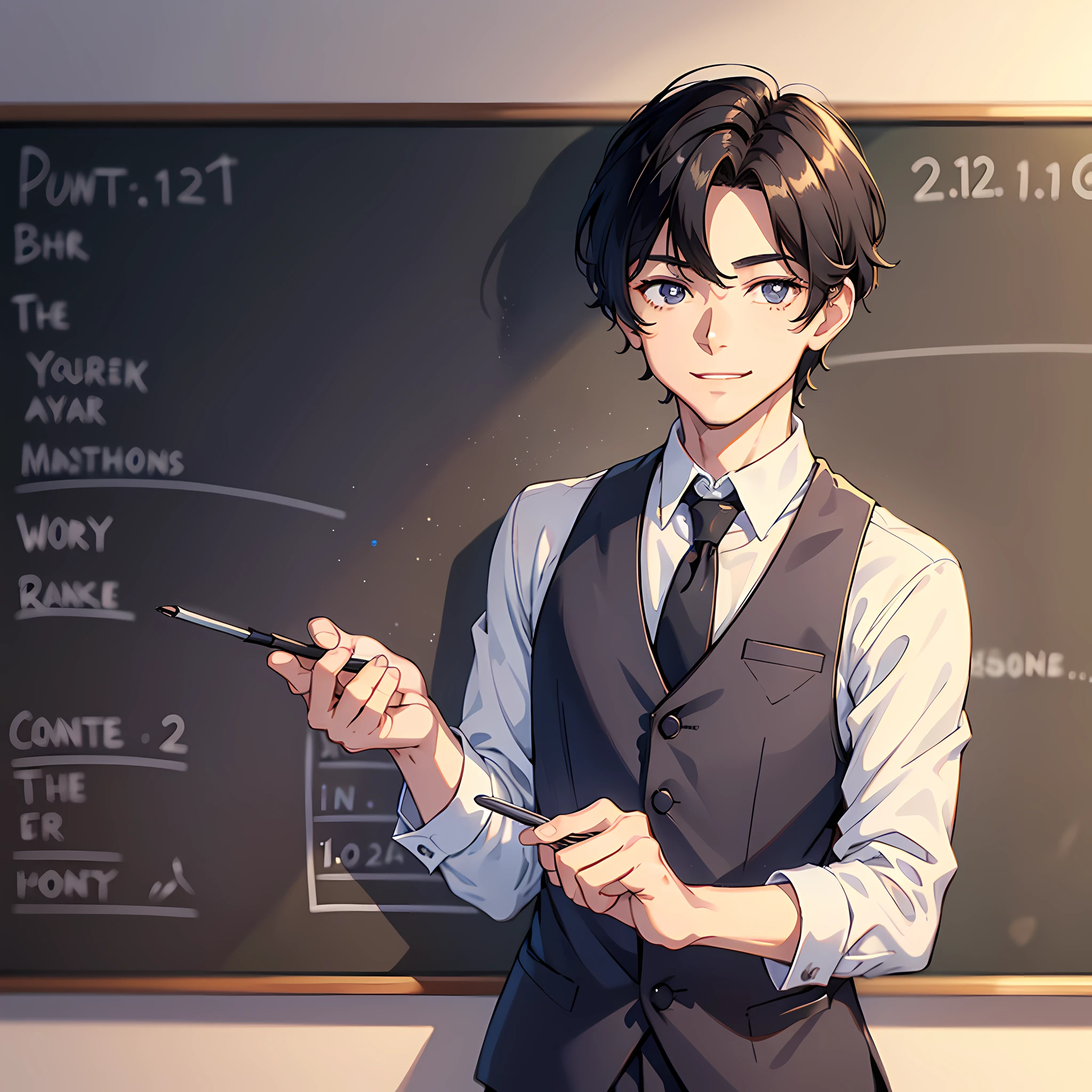 1 man, handsome, white shirt, black hair, blond pupils, standing in front of a chalkboard, half: 1.2, smile: 1.2, surreal