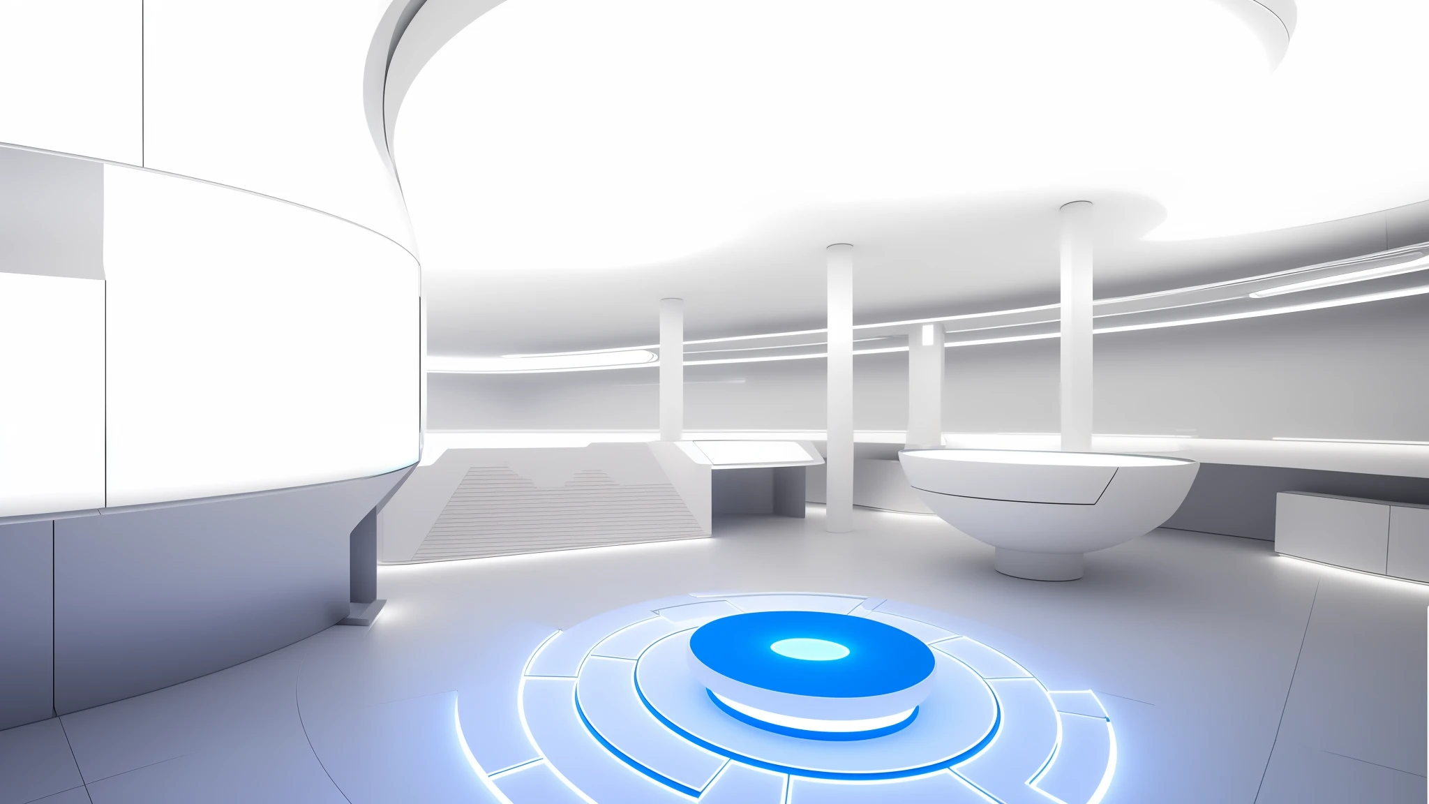 Building interior space, ((white)), blue strip light, no black, (extra wide angle), futuristic architecture with futuristic design and futuristic interior, futuristic spaceport, futuristic hall, futuristic government service hall, futuristic architectural concept, futuristic setting, futuristic decoration, futuristic utopian architecture, futuristic architectural art, futuristic production facilities, radical view, acsonometric view aspect, close-up, texture, (((Complex electronic component surface texture))), detail texture, HDR+, 8K, QHD, luminescence, dynamic lighting, Beautyfull refraction, ((high-key lighting, bright light)), in terms of design, the main color of this project is ceramic white, with dark and white lighting, the overall atmosphere is bright, with both ceramic warmth and modern technology, redshift renderer rendering, cinematic lighting effects