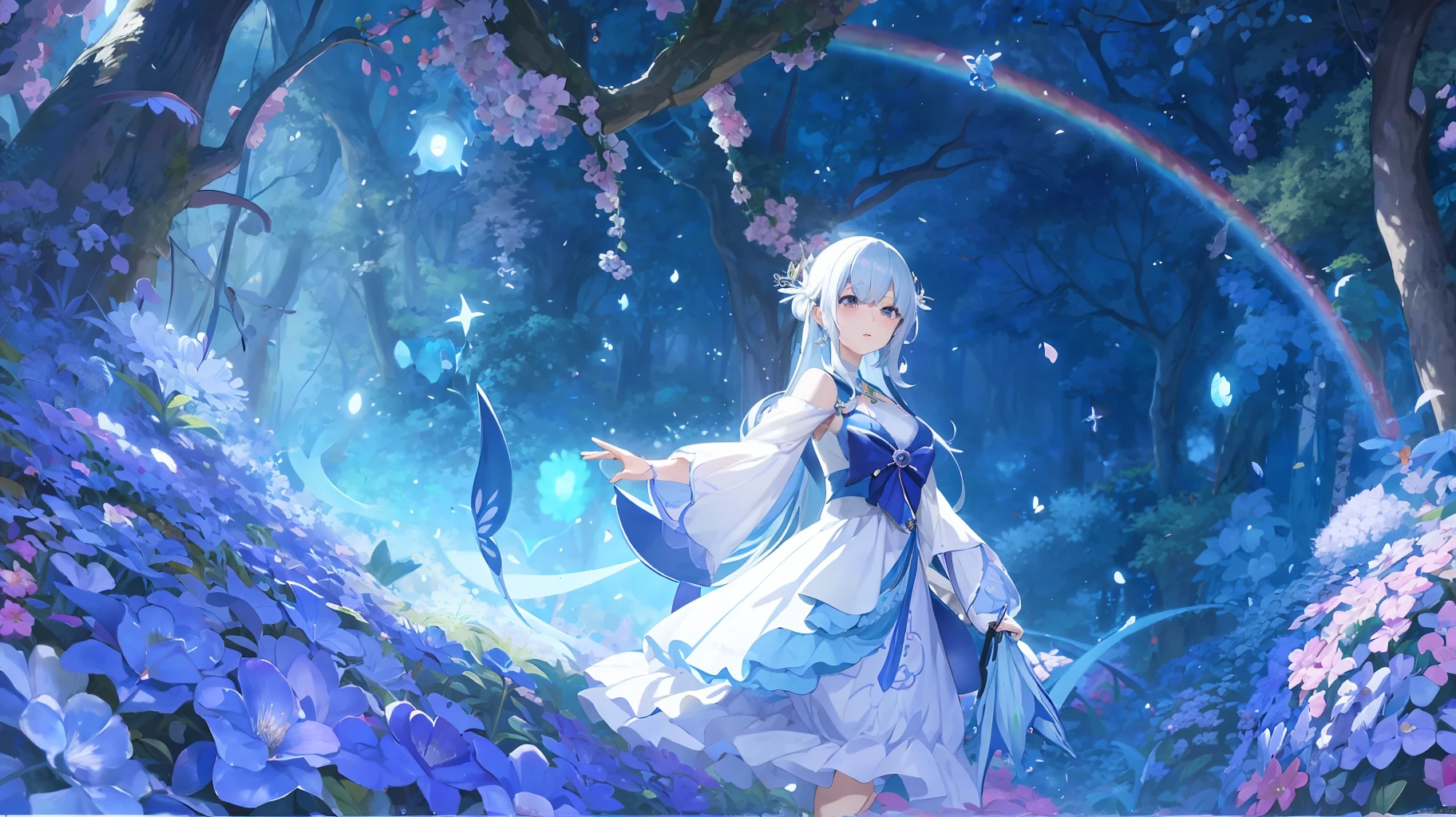 anime girl in a white dress holding a blue umbrella in a forest, beautiful fantasy anime, anime fantasy artwork, anime art wallpaper 8 k, anime art wallpaper 4k, anime fantasy illustration, anime art wallpaper 4 k, anime style 4 k, beautiful anime artwork, fantasy art style, anime beautiful peace scene, ethereal anime, beautiful anime art, high quality anime artstyle