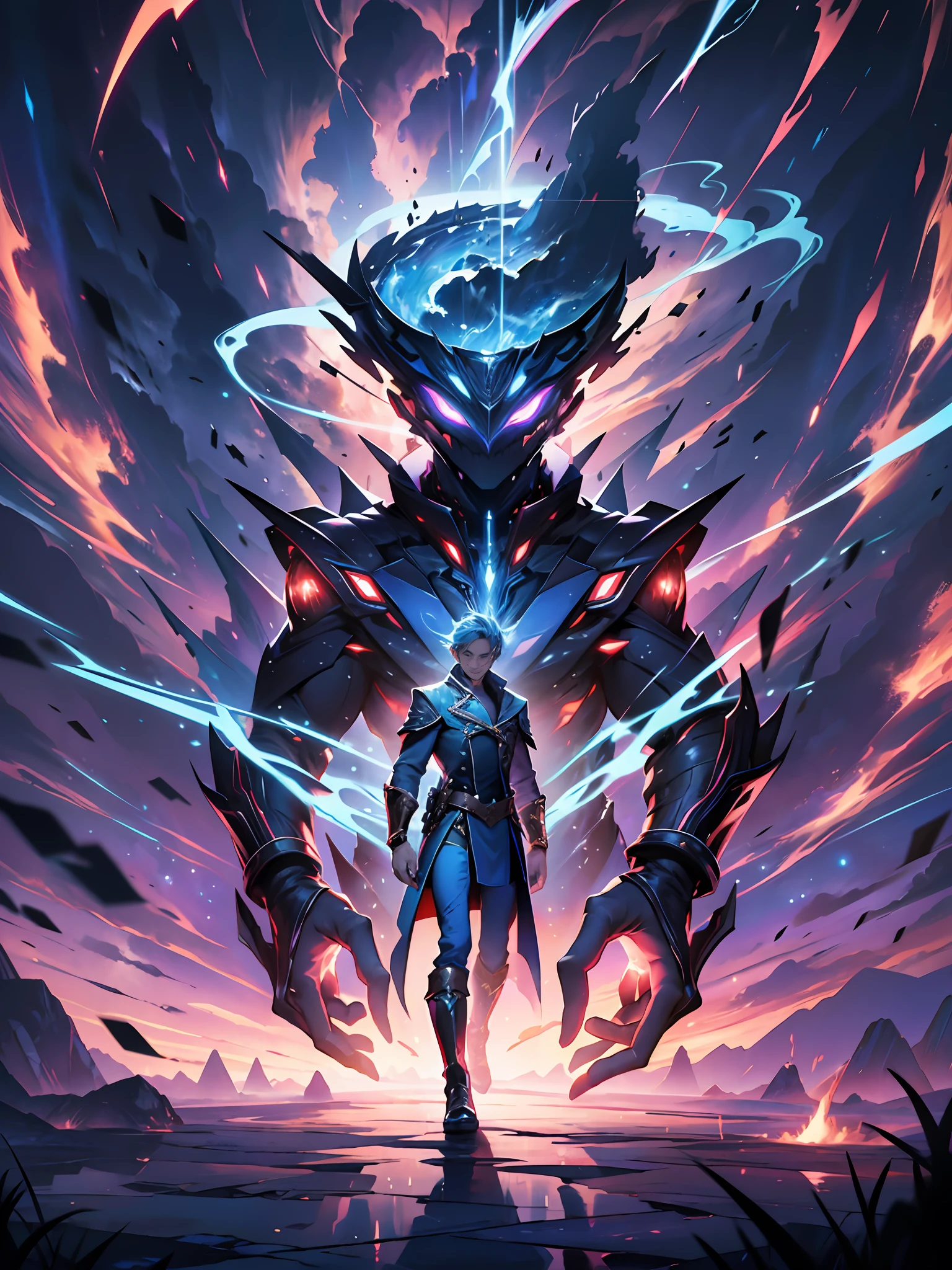 High quality, super detail, 8K full-body picture quality, depicting absurd magicians, lightning magic in hand, feel the huge pressure of the magic array when shooting down, full of story; The perspective depicts the scene in detail, cinematic, transparent global brilliance, rich colors and exaggerated shapes