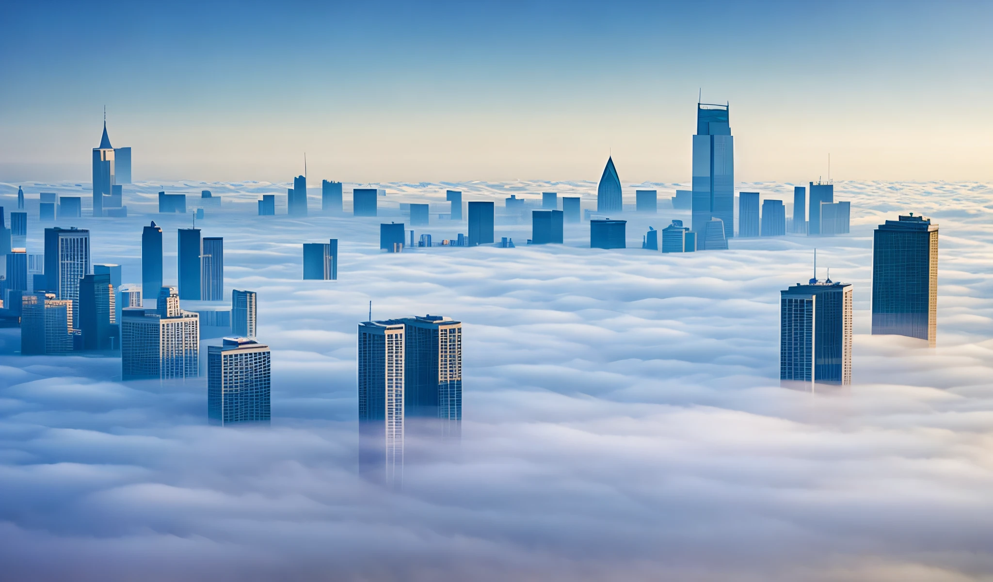 Masterpiece, city in fog with skyscraper background, city in clouds, city fog, city in clouds, mist under buildings, floating city on clouds, fog, rolling fog, uneven dense fog, artificial fog, blanket of fog, a lot of fog at the bottom, layered fog, foggy weather atmosphere, mist