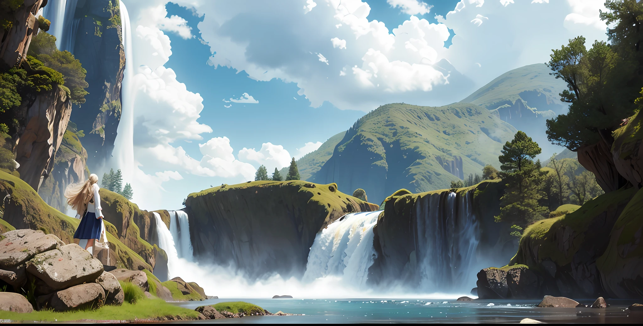 Masterpiece, best quality, (8k very detailed CG unit wallpaper) (best quality), (best illustration), (best shadows), Ultra realistic, high definition, very detailed, a woman in a white dress standing on a cliff with a waterfall in the background and a waterfall flowing from her, Clint Cearley, magic the gathering artwork, a detailed matte painting, fantasy art,barefoot, cloud, cloudy_sky, floating_hair, long_hair, blonde hair,male_focus, mountain, outdoors, sky, solo, standing, white_hair, wide_sleeves, wind,
hdr, (photorealism, masterpiece quality, best quality),
