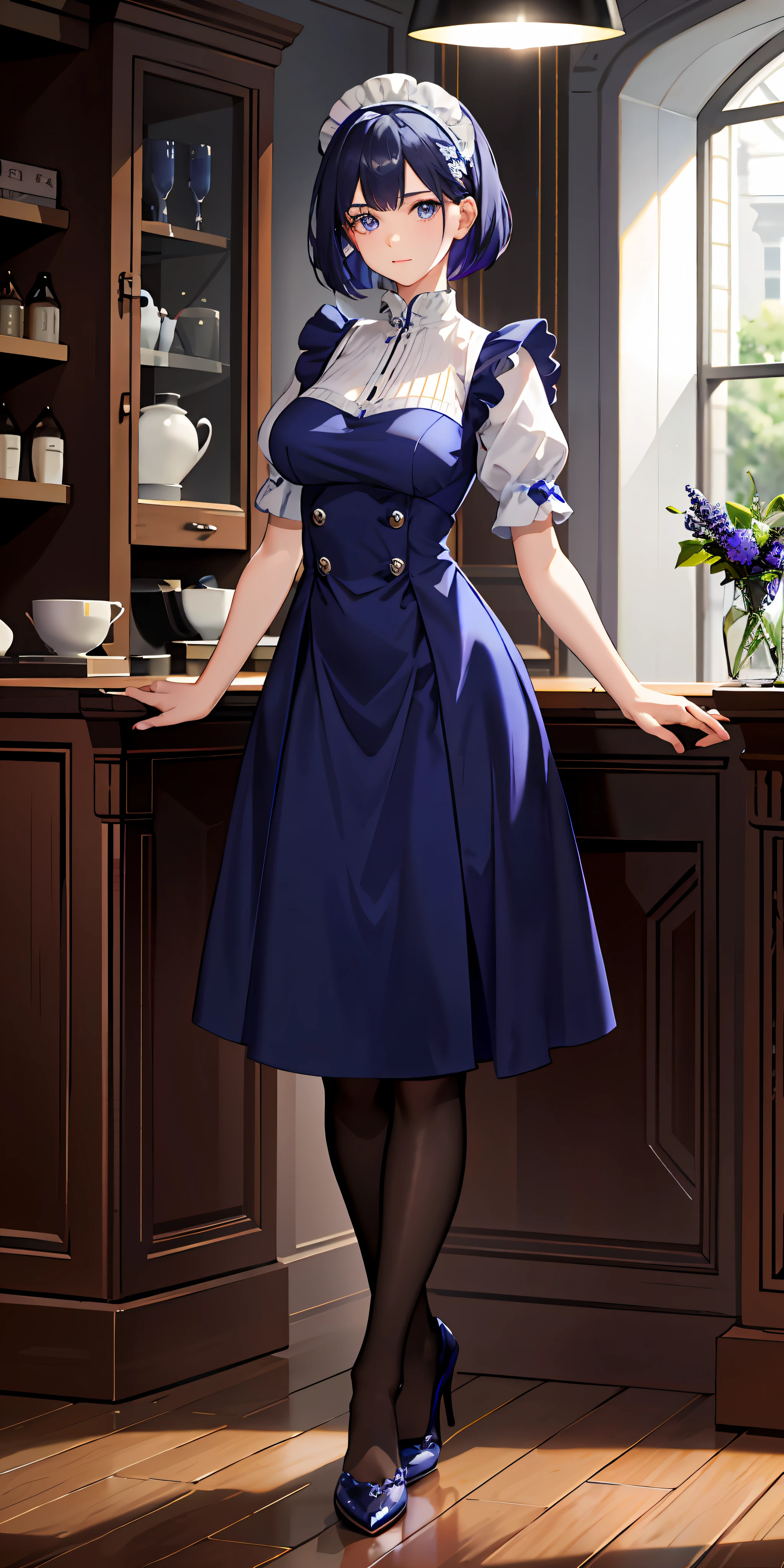 Delicate writing, High quality, 4K, Working in a coffee shop, 1 girl, Age: 24, Hairstyle: Shortcut, Hair color: Deep blue-violet, Eye color: Bright indigo, Face: Mature beauty, Clean face, Calm expression, Adult charm, Height: 165cm, Body type: Slender, Breast size: Large, (Wearing classic blue-violet and white maid clothes), the presence of blueberries in the background,
