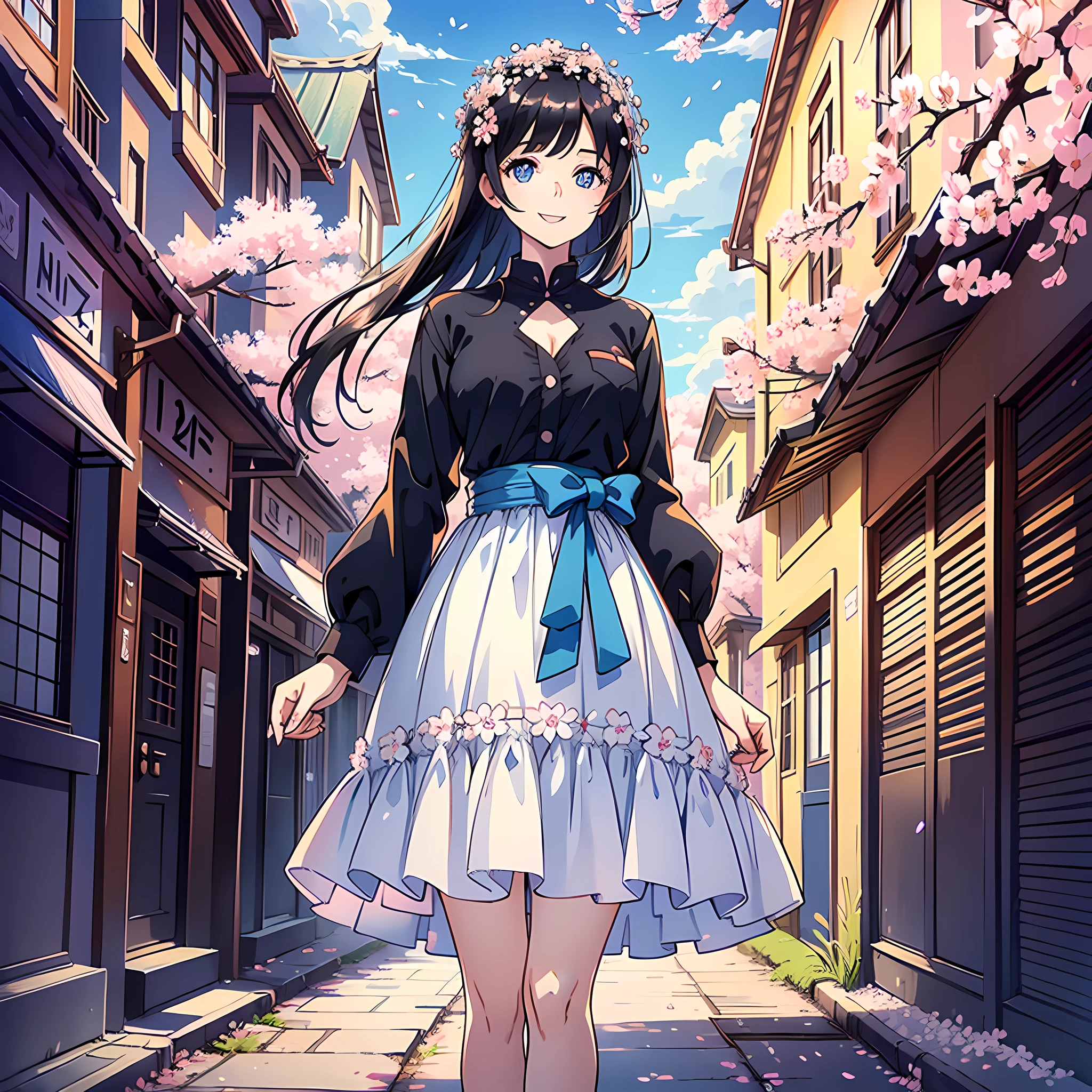 1 woman, pretty, white dress, black hair, blue pupils, crossed waist, full body: 1.2, smile, blue sky in background, floating cherry blossoms, surrealism