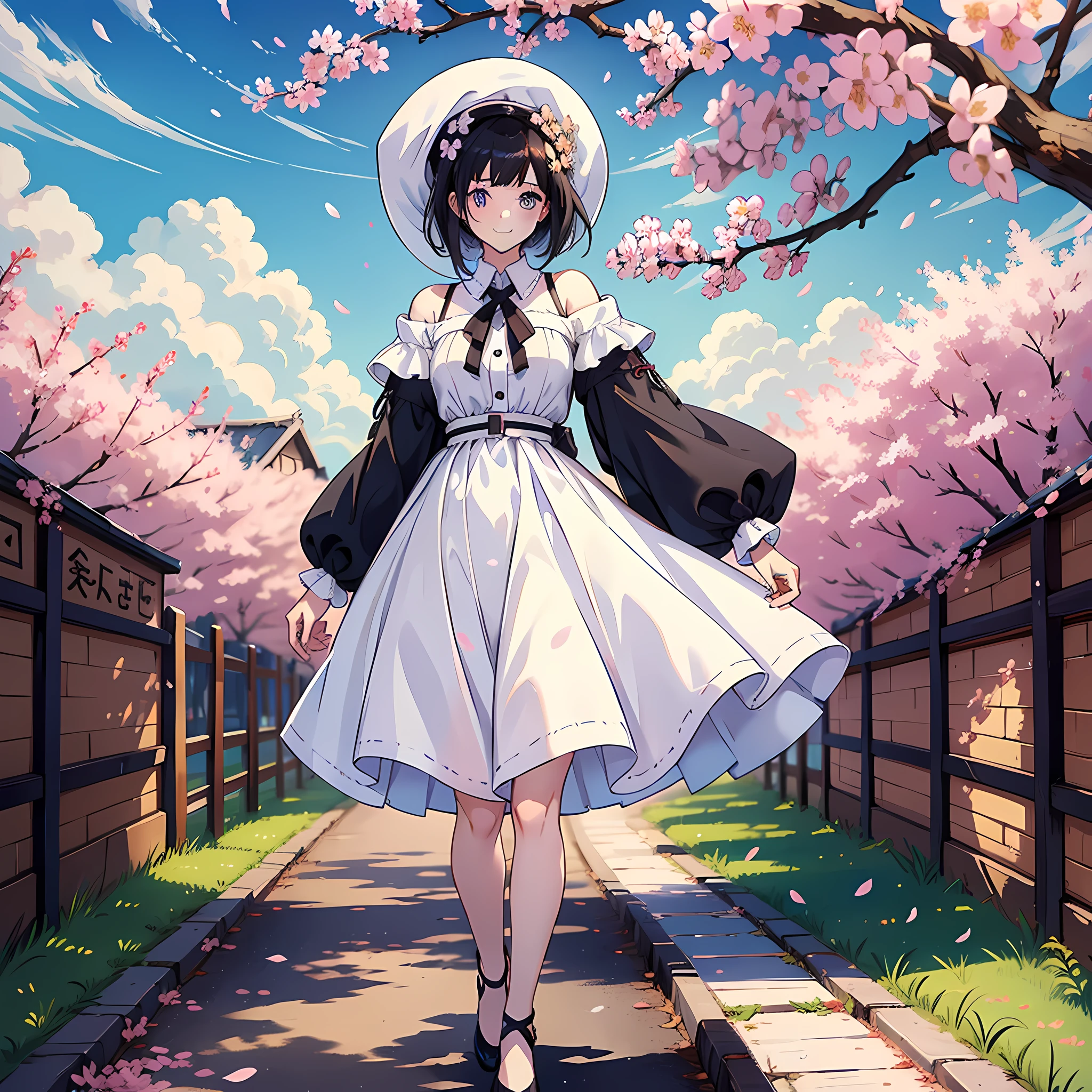1 woman, pretty, white dress, black hair, blue pupils, crossed waist, full body: 1.2, smile, blue sky in background, floating cherry blossoms, surrealism