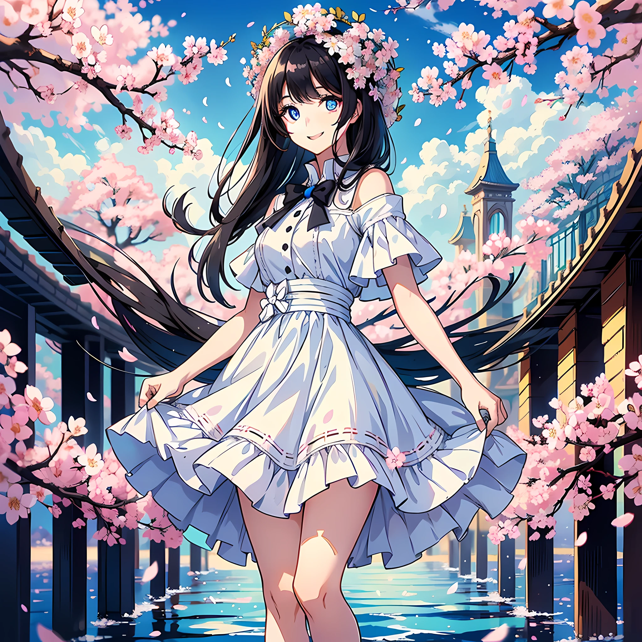1 woman, pretty, white dress, black hair, blue pupils, crossed waist, full body: 1.2, smile, blue sky in background, floating cherry blossoms, surrealism