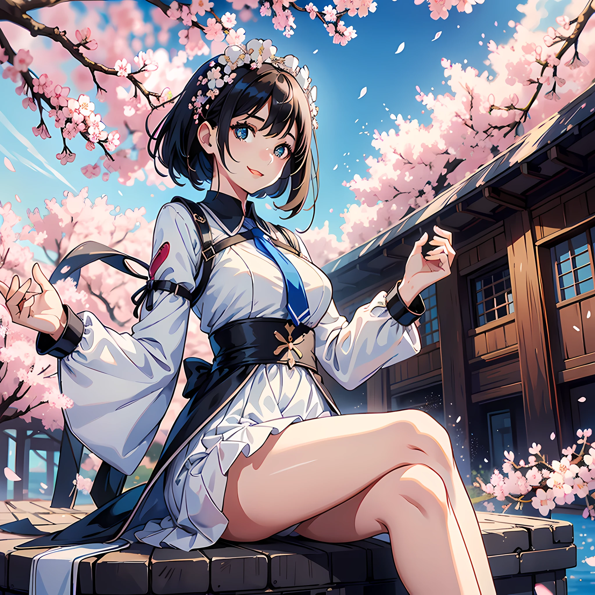 1 woman, pretty, white dress, black hair, blue pupils, crossed waist, full body: 1.2, smile, blue sky in background, floating cherry blossoms, surrealism