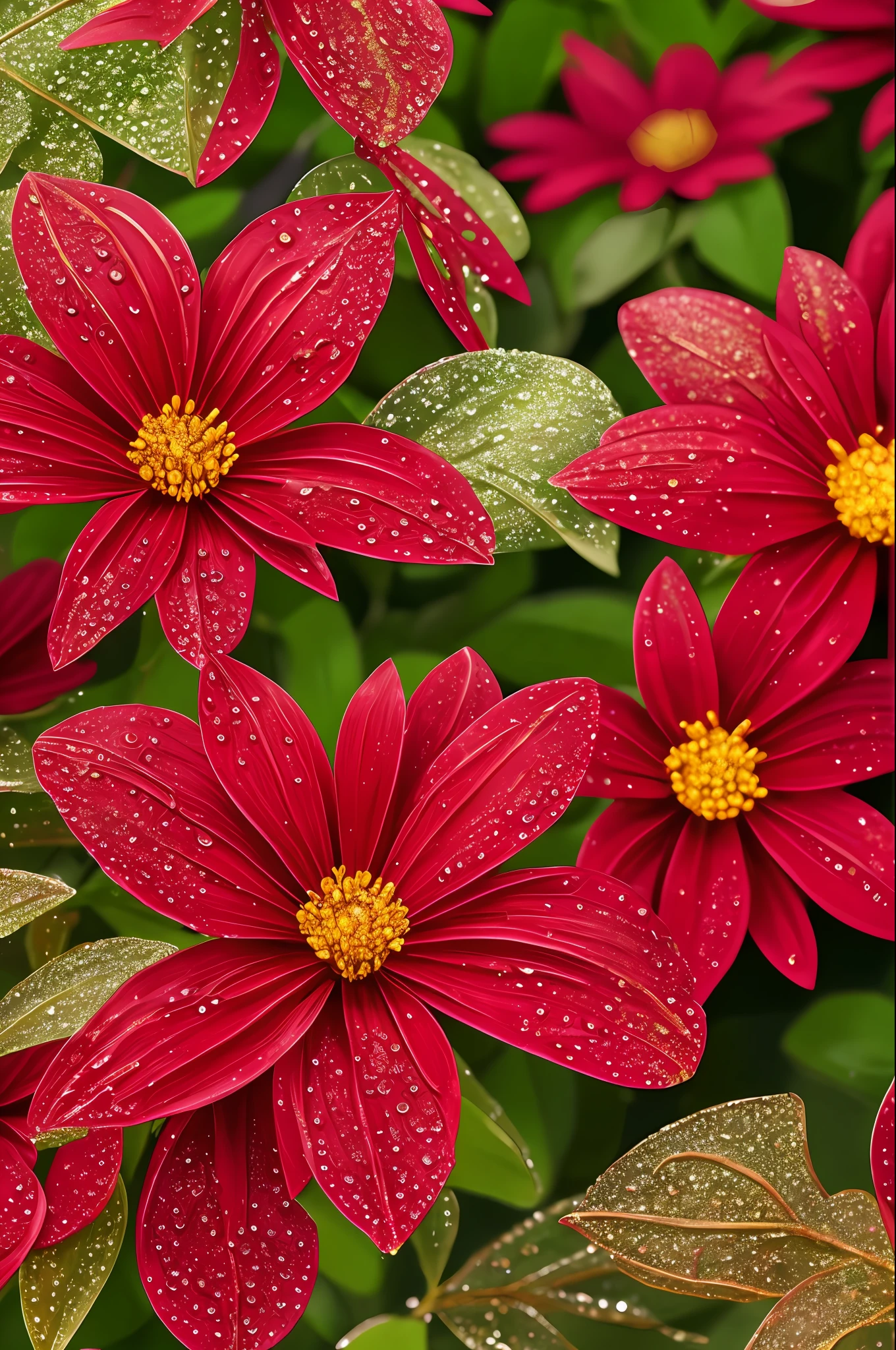 red flowers with dew drops, bright leaves and stems, golden ice, glow, high-detail, full detail, high resolution, glow, rendering, photorealism, 55mm, volumetric lighting, ray tracing, reflections --auto --s2
