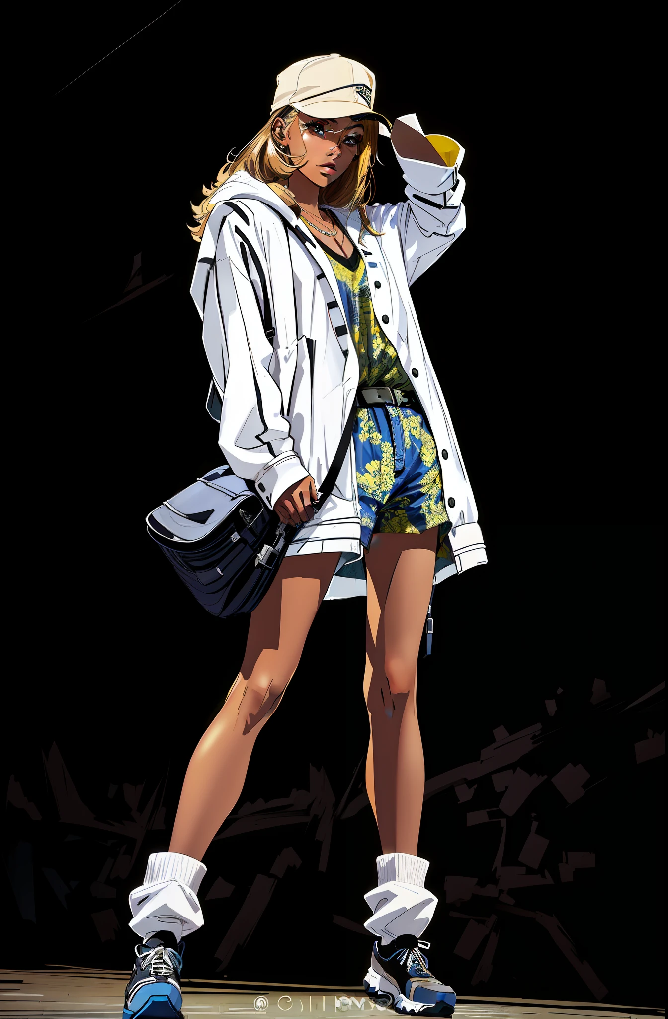 girl, vertical painting, natural light, global light, front view, fashion, pattern, clothing, headset, zipper, buttons, pattern, logo, pleats, belt, sophisticated, generate more details, tan hair, tank top, t-shirt, black shorts, sneakers, black backpack, modern, anime style, anime, modern, futuristic, first-person perspective, panorama, concept art, uhd, masterpiece, ccurate, textured skin, super detail, high detail, high quality, best quality, high resolution, No background, white background