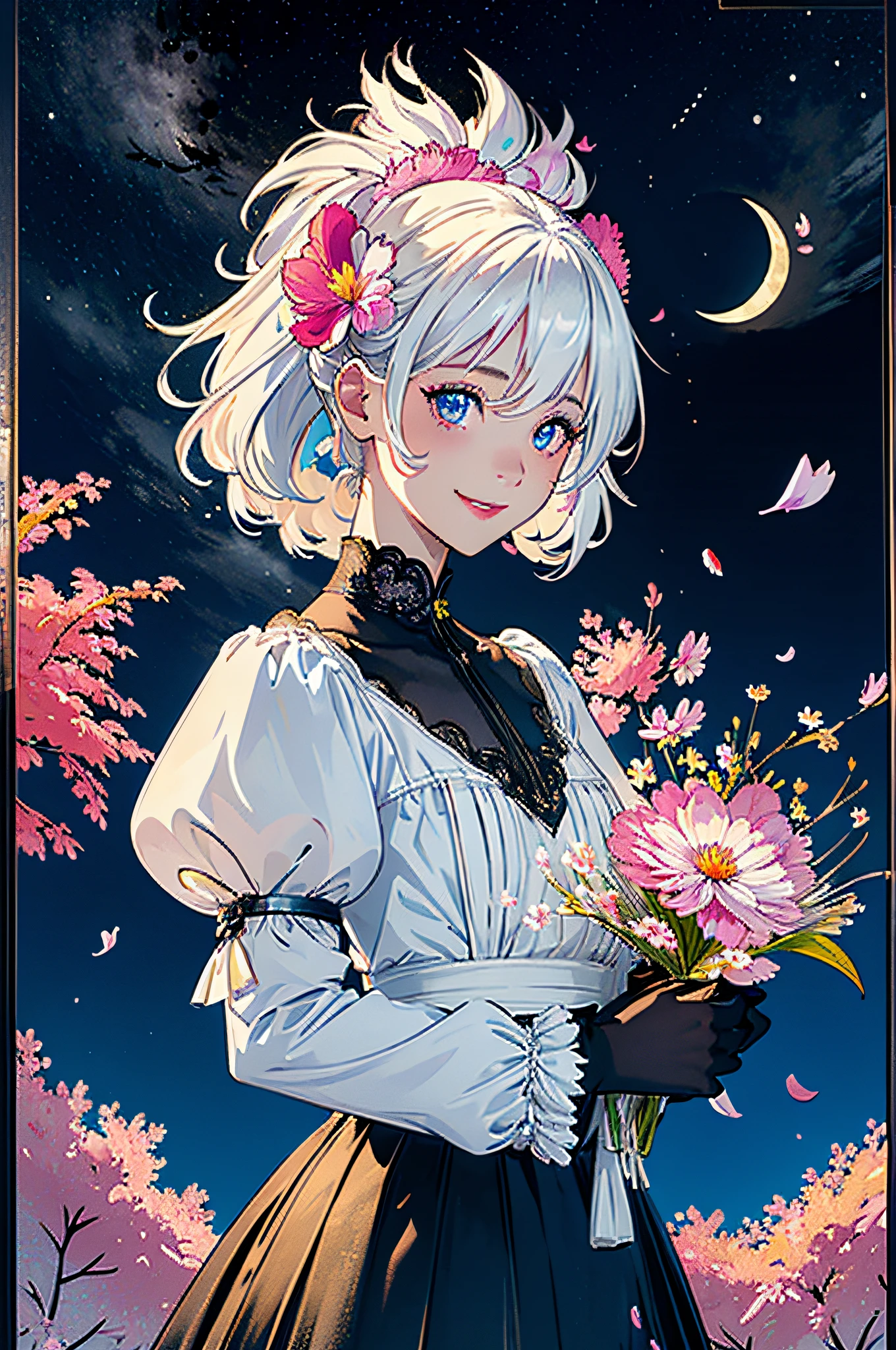 masterpiece, best quality, 1girl, (colorful),(finely detailed beautiful eyes and detailed face),cinematic lighting,bust shot,extremely detailed CG unity 8k wallpaper,white hair,solo,smile,intricate skirt,((flying petal)),(Flowery meadow) sky, cloudy_sky, building, moonlight, moon, night, (dark theme:1.3), light, fantasy,