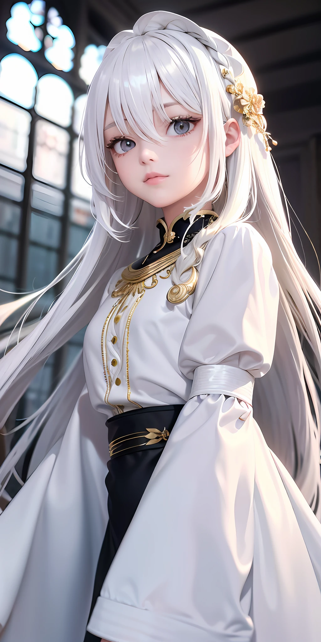 best quality, masterpiece,white hair, gold eyes,white clothes, looking up, upper body,hair strand,Fair skin,side braids