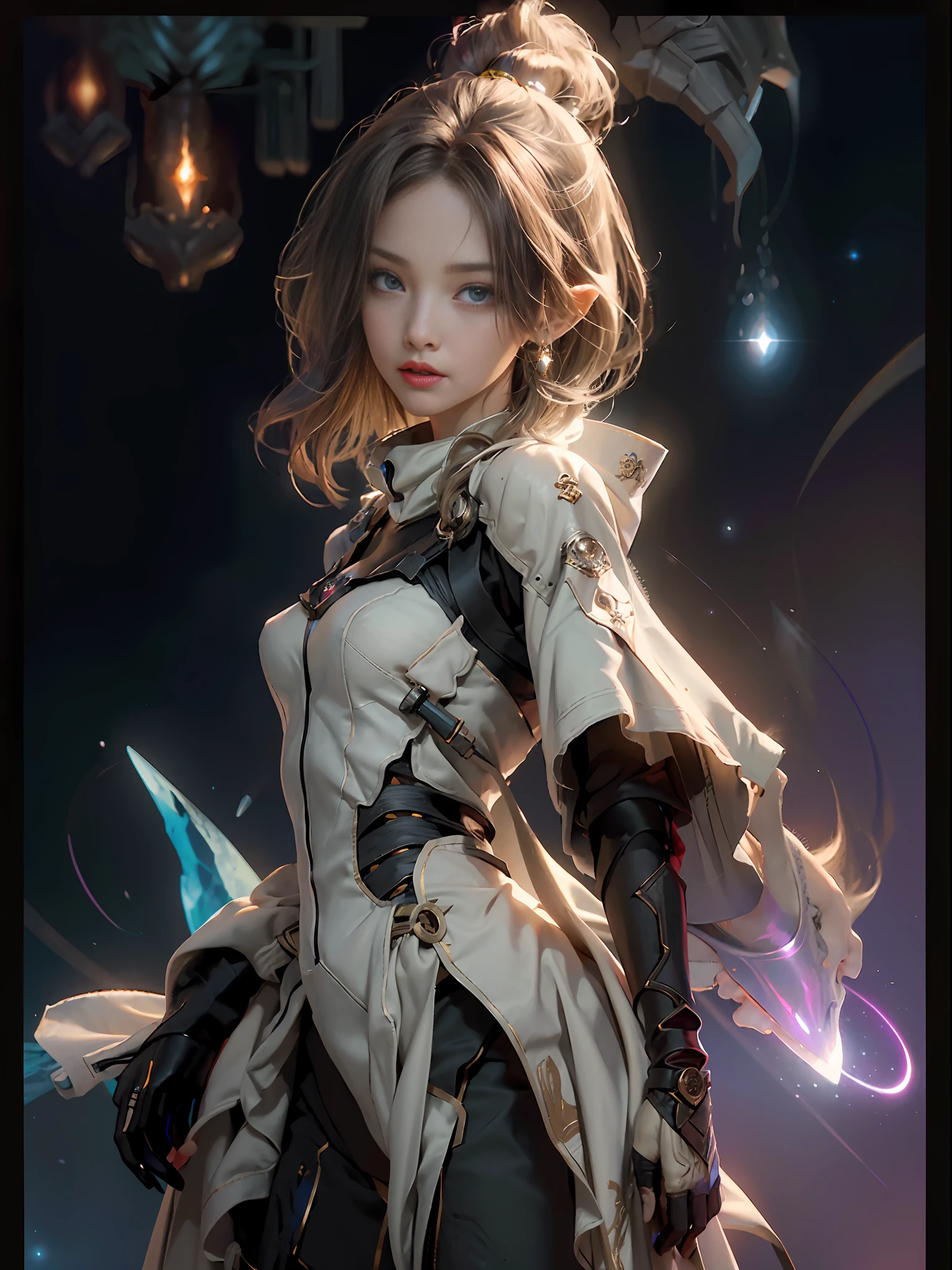 ((Best Quality)), ((Masterpiece)), (Details: 1.4), 3D, Bust, ((Facing Square)), (Body Facing Viewer), A Beautiful Slender Cyberpunk Female Figure, ((Small Breast, Small Head)), ((Bust Photo)), (Upper Body), (Perfect Body: 1.1), (Perfect Face), (Perfect Eyes), (Perfect Fingers), (Short Neck Hair: 1.3), (Tight Cyber Combat Suit: 1.2), Golden Hair, Collar, (Glove), Chain, In the distant future, the boundary between science fiction and fantasy has disappeared, and the world is an awesome tapestry of wonder. Enter a universe where magic and technology coexist in harmony and shape the fate of civilization in the vast expanse of space. At the heart of this field is celestial relations, an interstellar center of mysterious energy and technological wonders. Here, arcane knowledge is intertwined with cutting-edge science, giving birth to a society where spaceships are filled with the power of ancient spells, while occult art enhances technology. As a young explorer, embark on a grand adventure destined to unlock the secrets of the celestial bond. As you travel through the uncharted realms of the universe, encounter various civilizations full of creatures with extraordinary abilities. From the ethereal spire of the elves, where the art of traveling across dimensions is perfected, to the cybernetic enclave of the Android Group, witness the tapestry of life where magic and technology intertwine. Unleash your latent power as you adapt to the energy flowing through the Nexus. Take advantage of the ancient spells of forgotten witchcraft to propel your starship through the vast universe. Engage in epic battles against Cosmic Abomination and Intergalactic Tyrants, wielding enchanted weapons infused with future enhancements. Uncover the origins of this harmonious blend of magic and technology as you delve into the mysterious realm of celestial relationships. Discover ancient prophecies that foreshadow catastrophic events that could upset this delicate balance. Unite with a group of ex