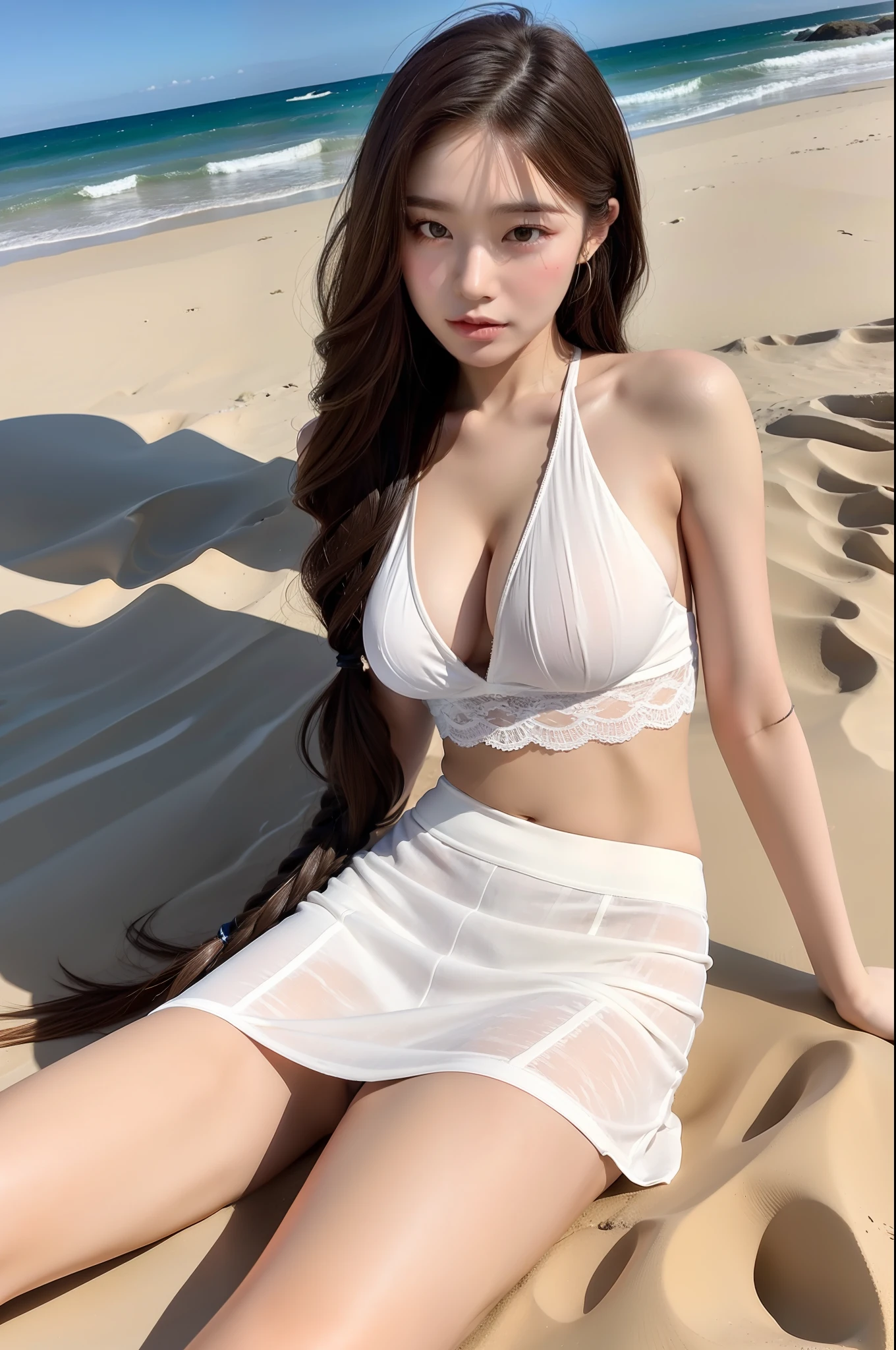 solo, 18-year-old Korean cute lady turn around on me, ((sit on the sand)), (white Lace underwear and skirts), ((white long hair)), dress blowing in the wind, looking at me, youthful and carefree, Best quality, realistic, realistic, extremely detailed, extremely delicate and beautiful, RAW photo, professional lighting, facial lighting, depth of field, single focus,(full body length), a 18 year old woman, (night, beach, starry sky: 1.4), brown hair, brown eyes, smaller head, ((big breasts)), fashion girl, beautiful eyes, real face, real skin, realistic face, realistic skin, detailed eyes, detailed facial features, detailed clothes features, (fashionable clothes: 1.3 ), (fashionable hairstyles: 1.3) dynamic poses, looking at viewer, detailed face and chest, (pureerosface_v1:0.33), (ulzzang-6500:0.33),