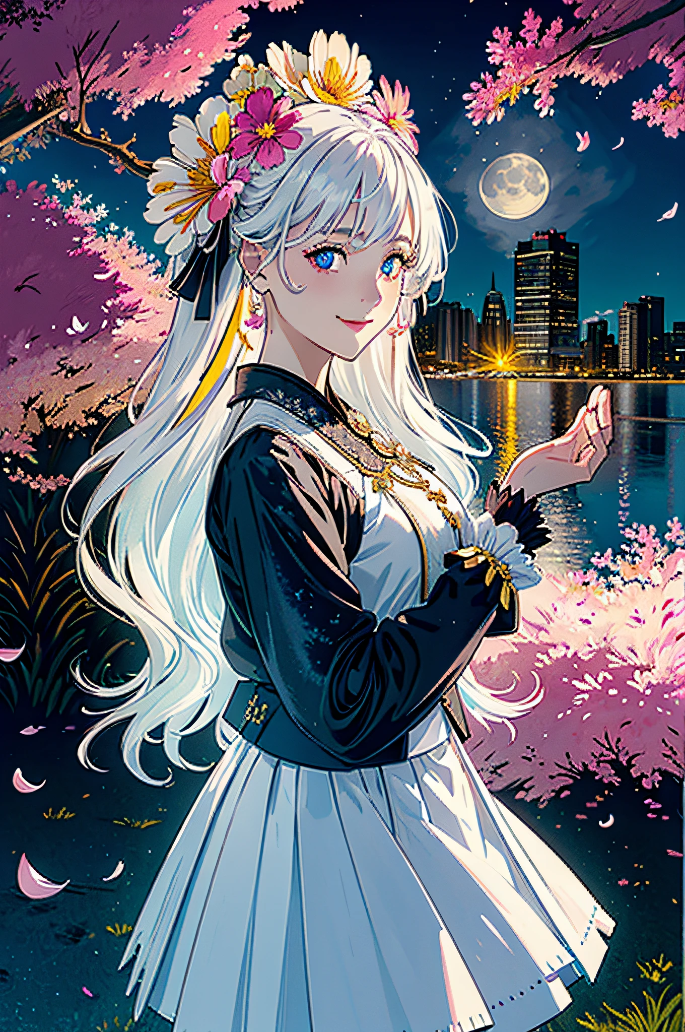masterpiece, best quality, 1girl, (colorful),(finely detailed beautiful eyes and detailed face),cinematic lighting,bust shot,extremely detailed CG unity 8k wallpaper,white hair,solo,smile,intricate skirt,((flying petal)),(Flowery meadow) sky, cloudy_sky, building, moonlight, moon, night, (dark theme:1.3), light, fantasy,