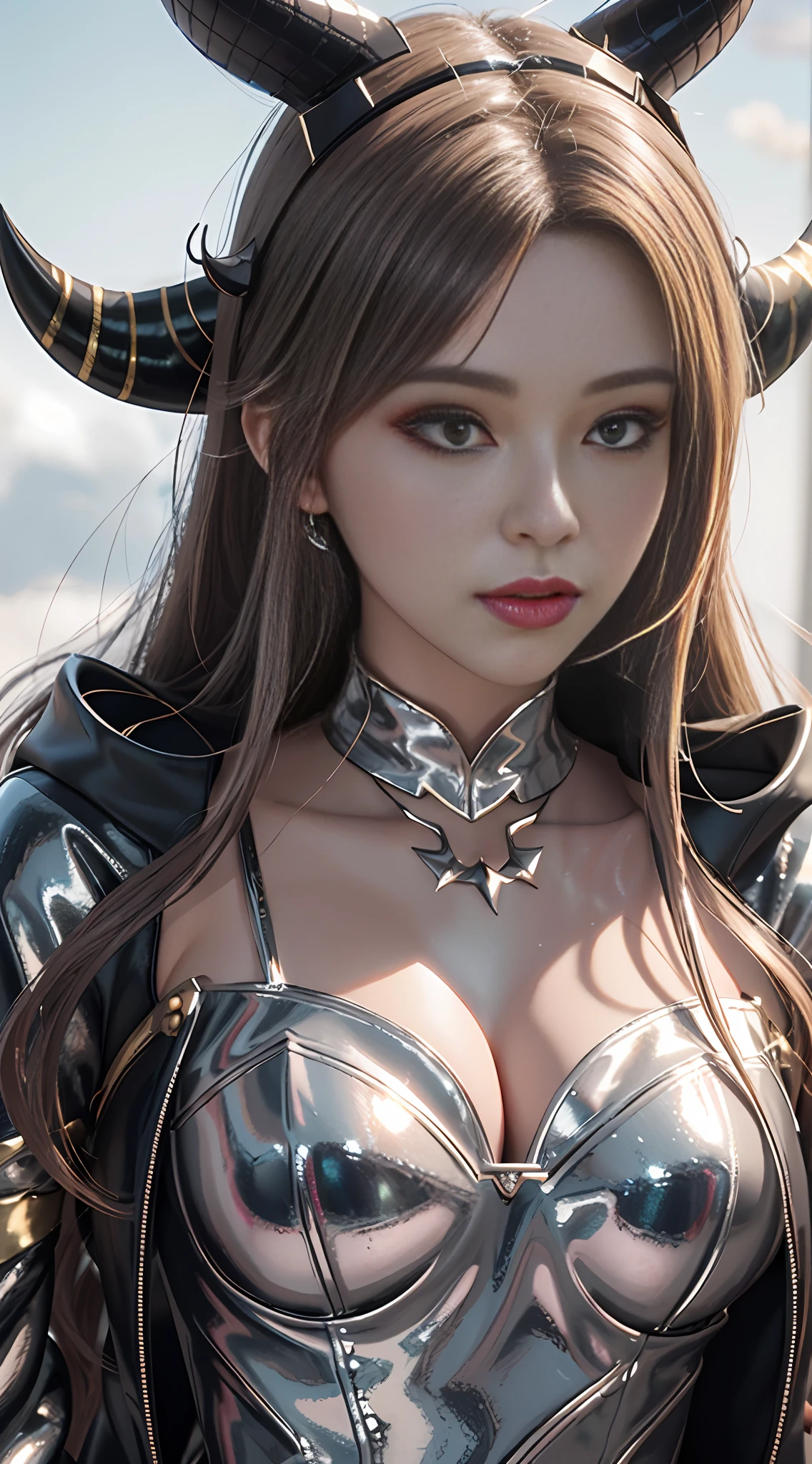 Close up of a woman in shiny costume, with horns, jewelry, realistic anime girl rendering, 3 D rendering character art 8 K, WLOP glossy skin, glossy digital painting, rendering in SFM, smooth 3D CG rendering, high resolution rendering, divine rendering, anime style 3D, rendering of a cute 3d anime girl, April rendering