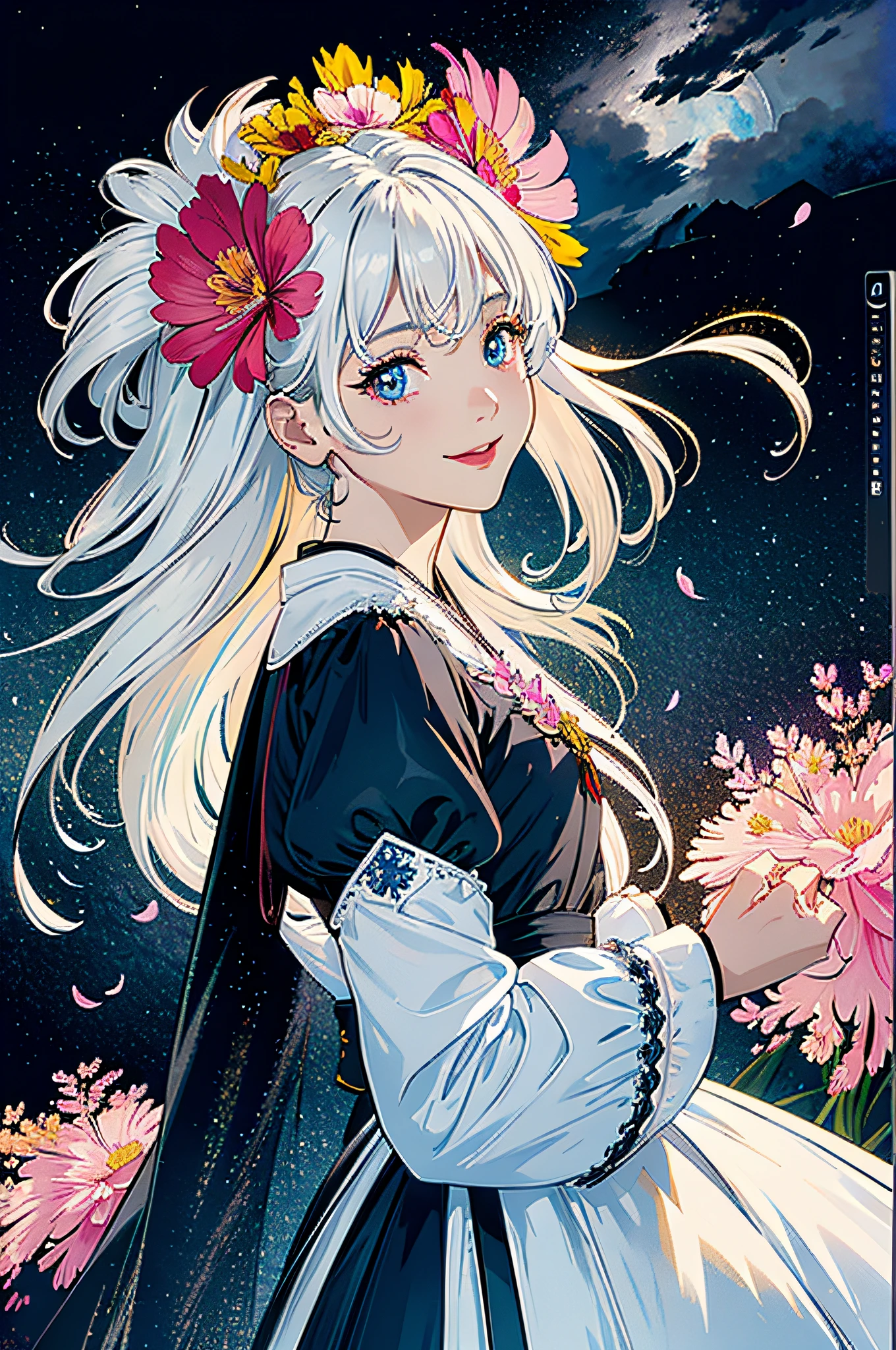 masterpiece, best quality, 1girl, (colorful),(finely detailed beautiful eyes and detailed face),cinematic lighting,bust shot,extremely detailed CG unity 8k wallpaper,white hair,solo,smile,intricate skirt,((flying petal)),(Flowery meadow) sky, cloudy_sky, building, moonlight, moon, night, (dark theme:1.3), light, fantasy,