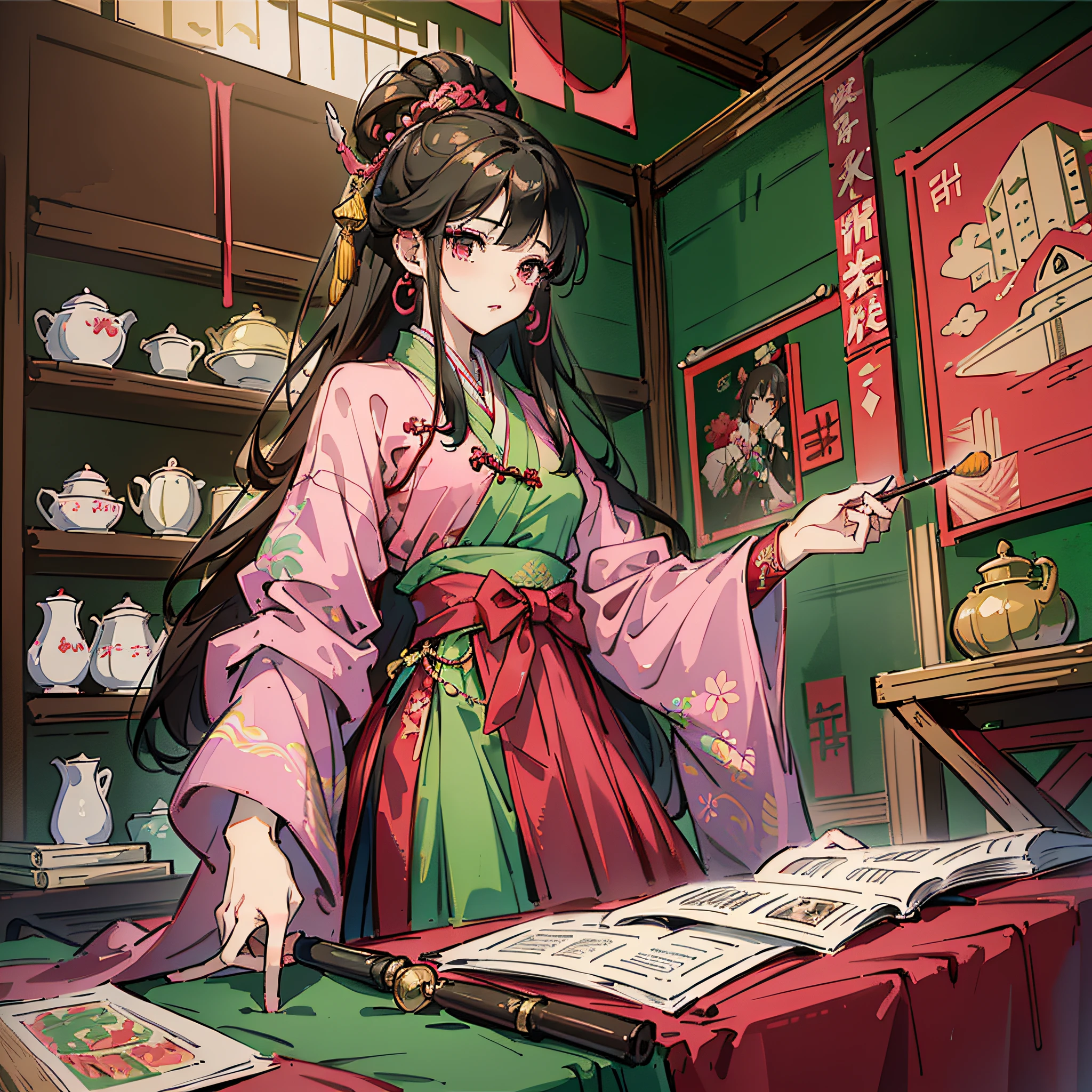 Two-dimensional, Hanfu, Tang style dressing, 1 girl, pink blouse, red chest-length pleated skirt, pink and green belt, red shawl, (masterpiece:1,2), best quality, masterpiece, highres, original, extremely detailed wallpaper, perfect lighting, (extremely detailed CG:1.2), drawing, paintbrush, --auto --s2